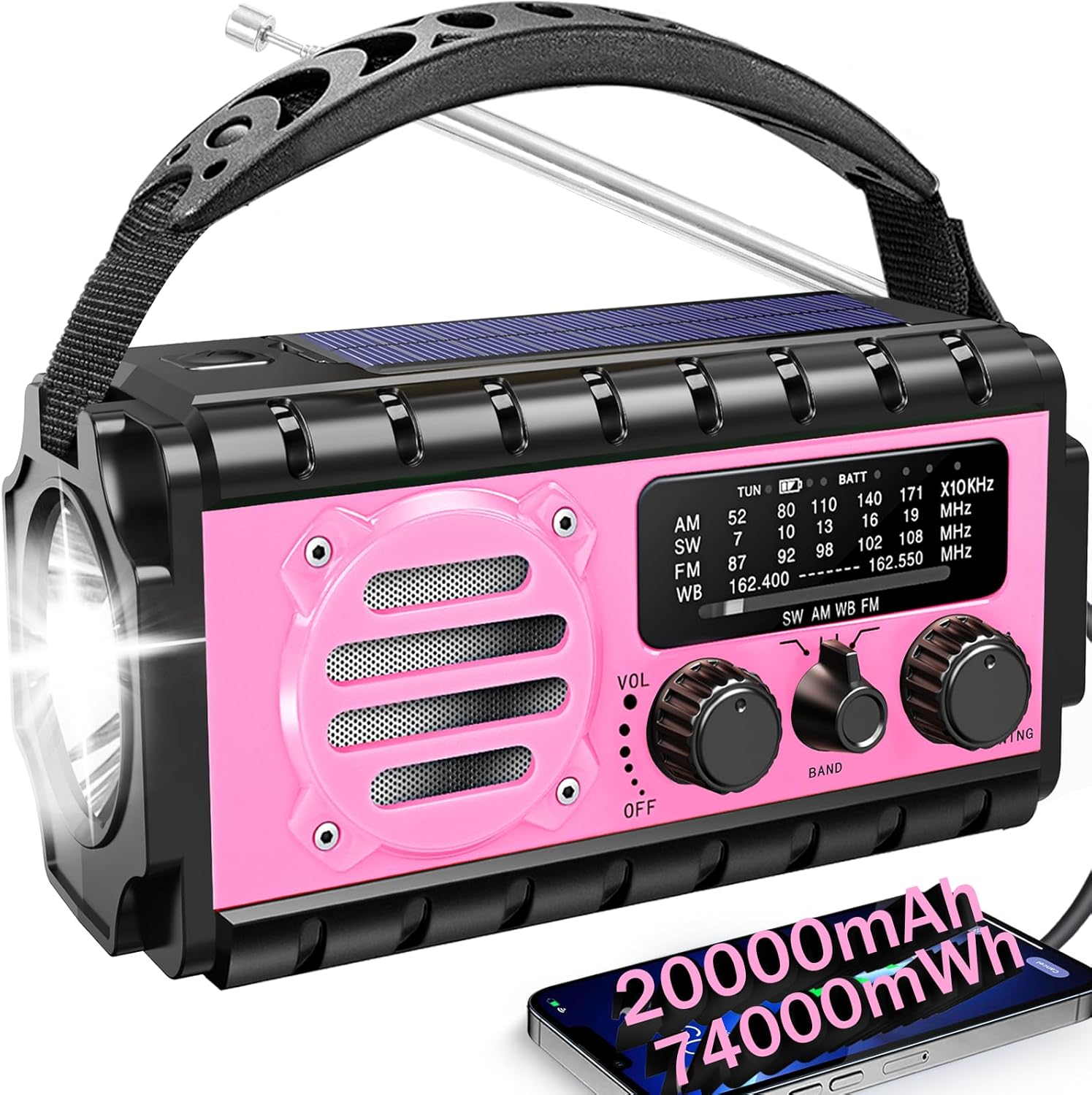 74000mWh Emergency Radio with NOAA Weather, Portable Hand Crank SW/AM/FM Survival Radio with Fast Charge Rechargeable Solar Battery, Flashlight, Reading Lamp,SOS Sirenor Home Outdoor(Pink)