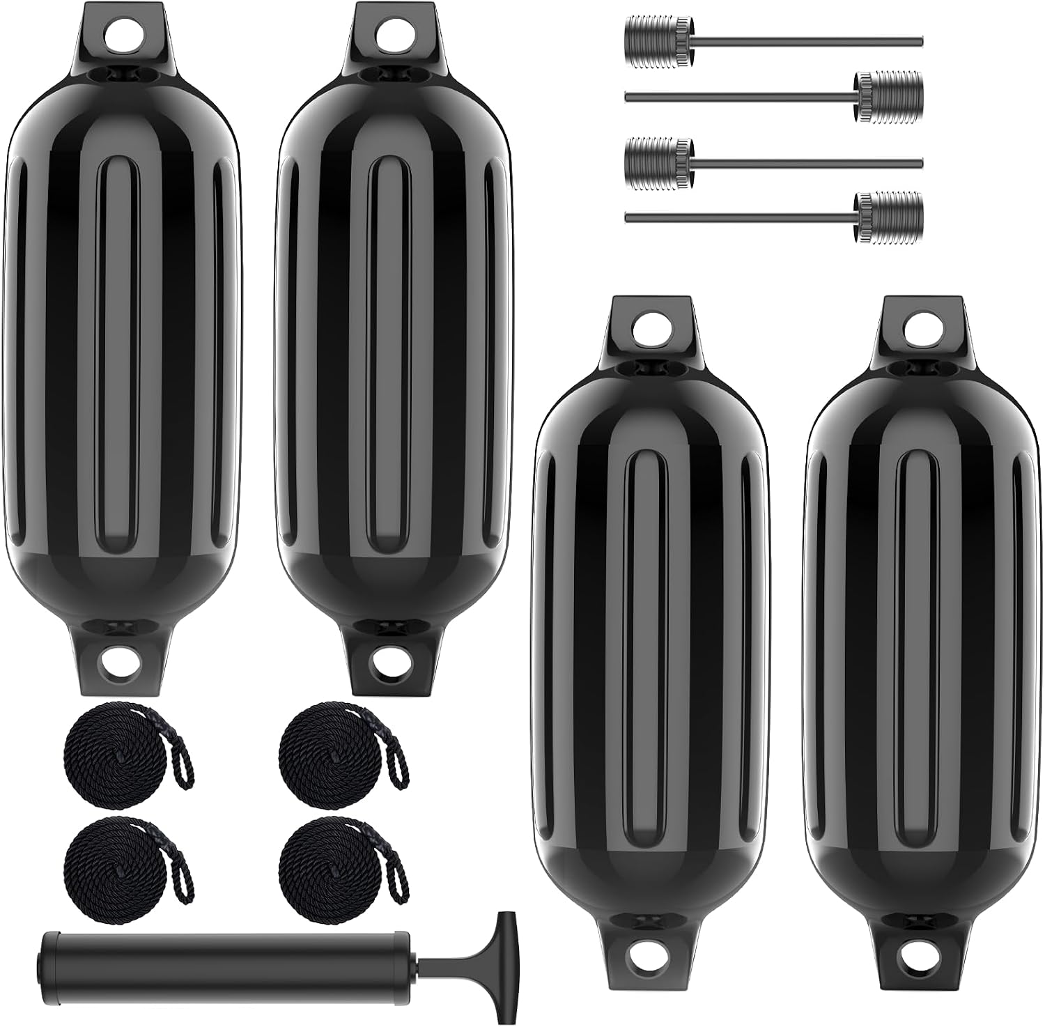 Boat Fenders 2-4 Pack, 4.5"/5.5"/6.5"/8.5" Inflatable Ribbed Twin-Eye Boat Bumpers & Ropes, Marine-Grade PVC Boat Fender Bumpers, Black/White/Gray/Navy Blue