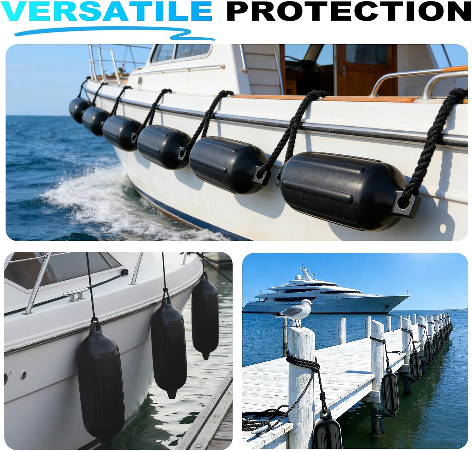 Boat Fenders 2-4 Pack, 4.5"/5.5"/6.5"/8.5" Inflatable Ribbed Twin-Eye Boat Bumpers & Ropes, Marine-Grade PVC Boat Fender Bumpers, Black/White/Gray/Navy Blue - Image 6