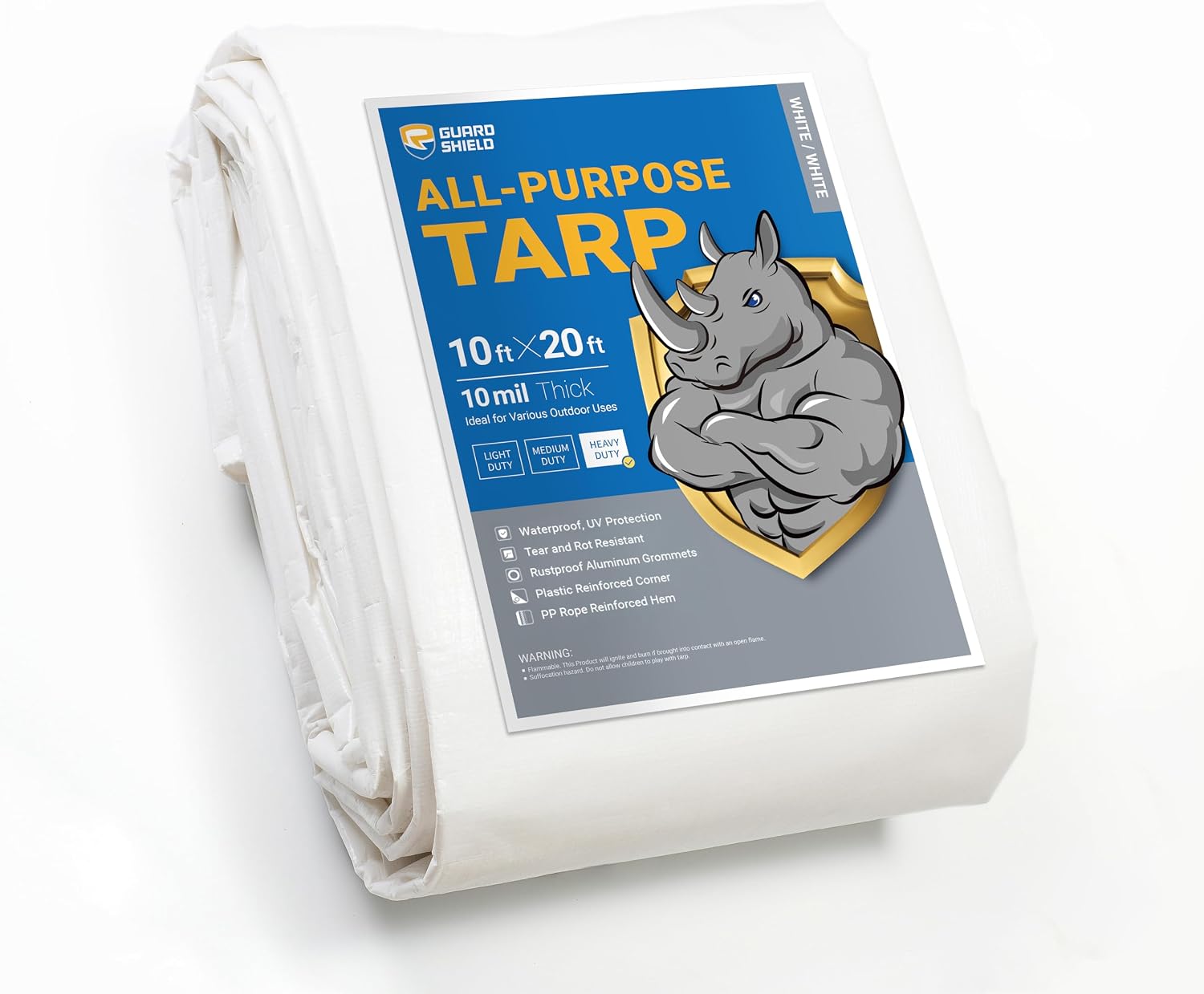 GUARD SHIELD Heavy Duty Tarp 10x20 Feet White Multi Purpose Thick Waterproof Poly Tarp Cover 10mil