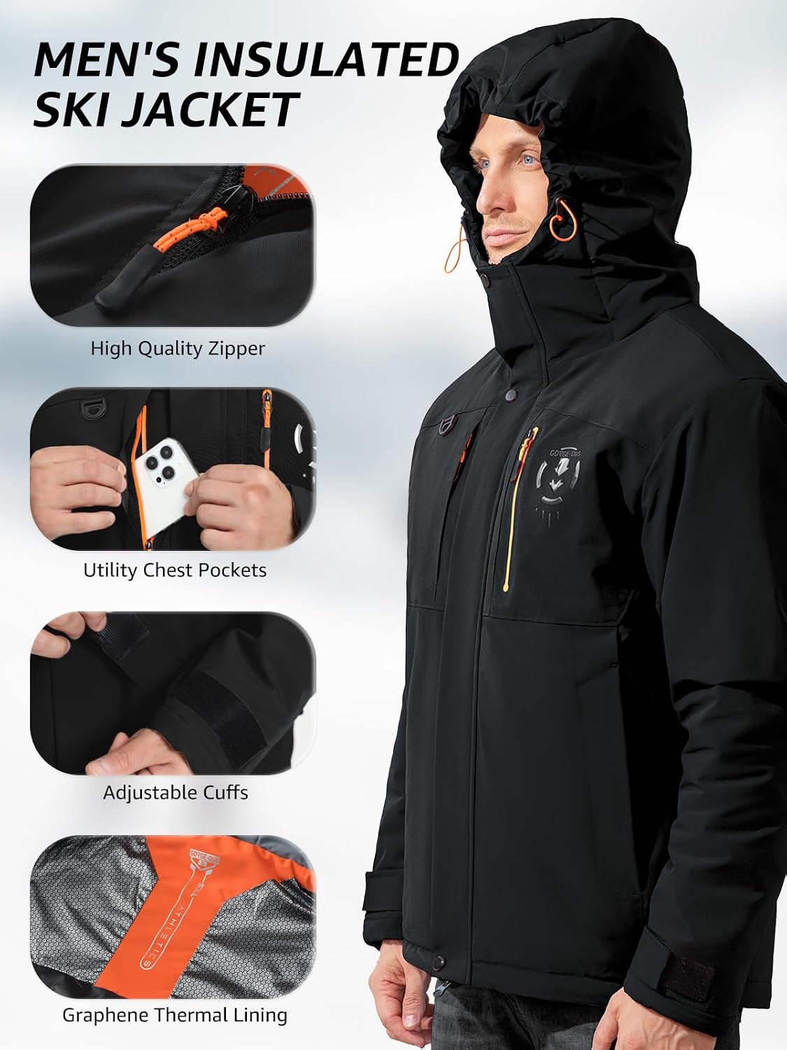 Men's Thermal Waterproof Windproof Jacket Hooded Insulated, Lightweight Winter Snow Coat with Multiple Pockets - Image 3