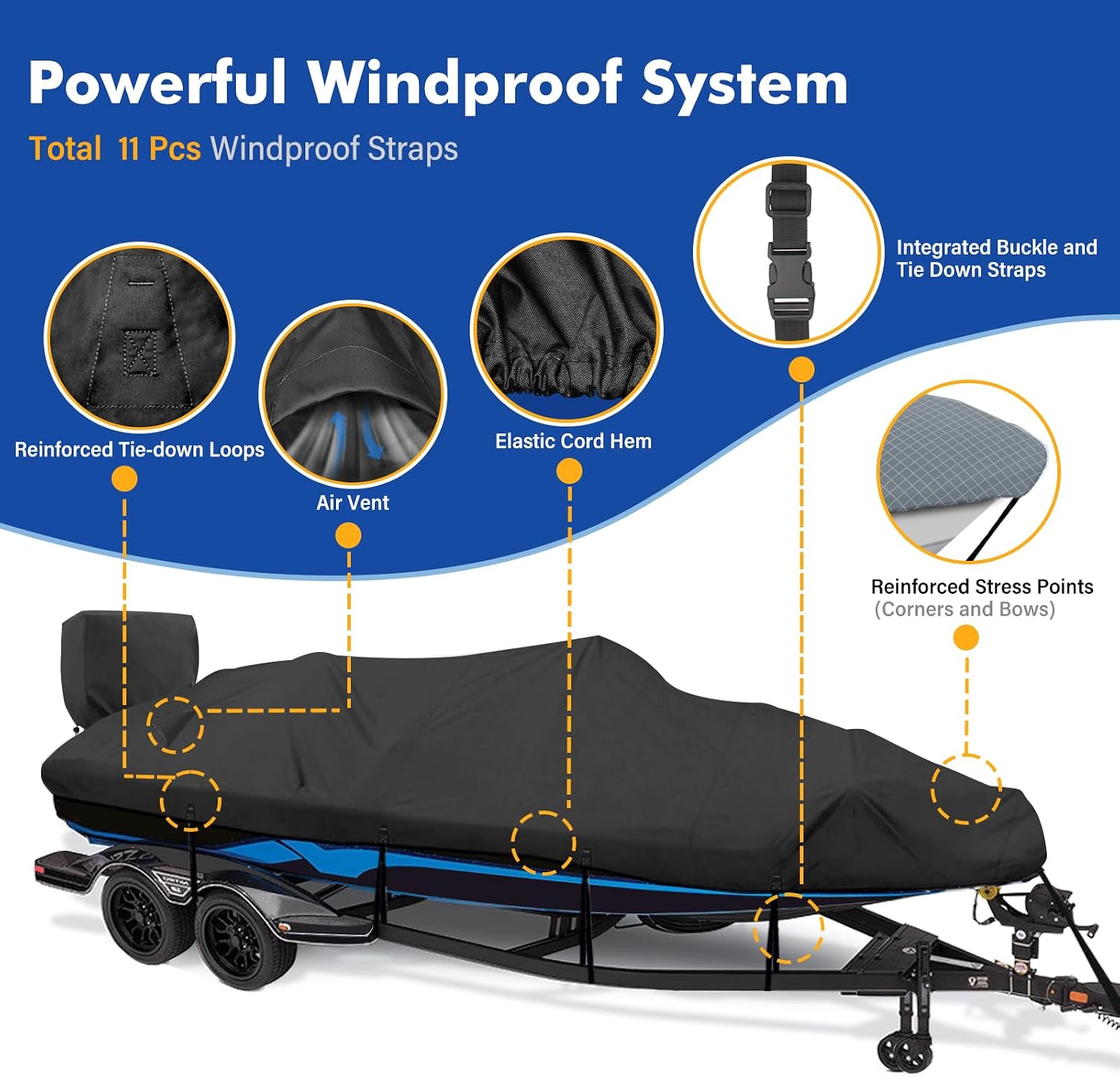 1200D Waterproof Boat Cover - Fits 14' to 16' ft Bass, V-Hull & Tri-Hull Boats - Heavy Duty Canvas Black - Image 3