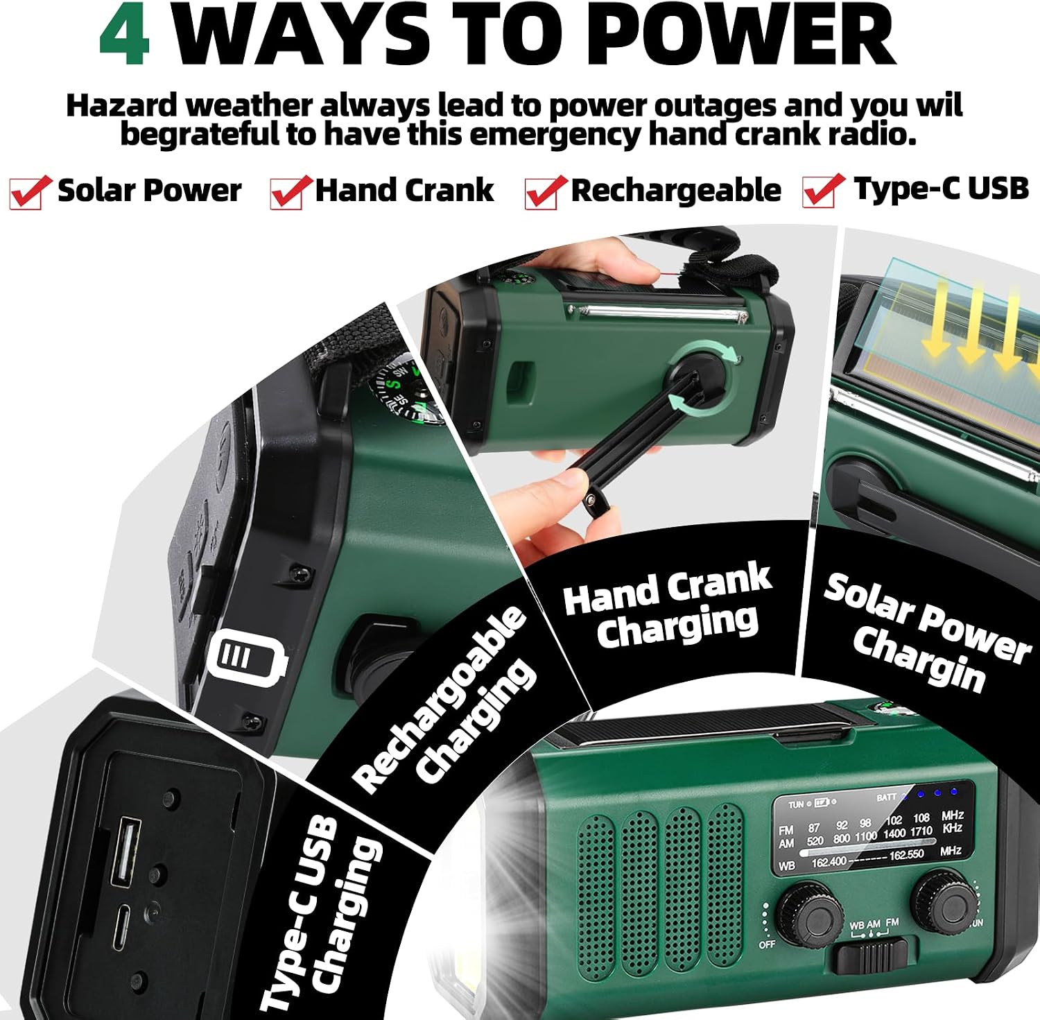 QAUYYW Hand Crank Emergency Radio,37000mWhSolar Powered Hand Crank Portable NOAA AM FM Weather Radio with 3Mode Flashlight and Reading Light,Cell Phone Charger,Home and Emergency Distress Signa - Image 5