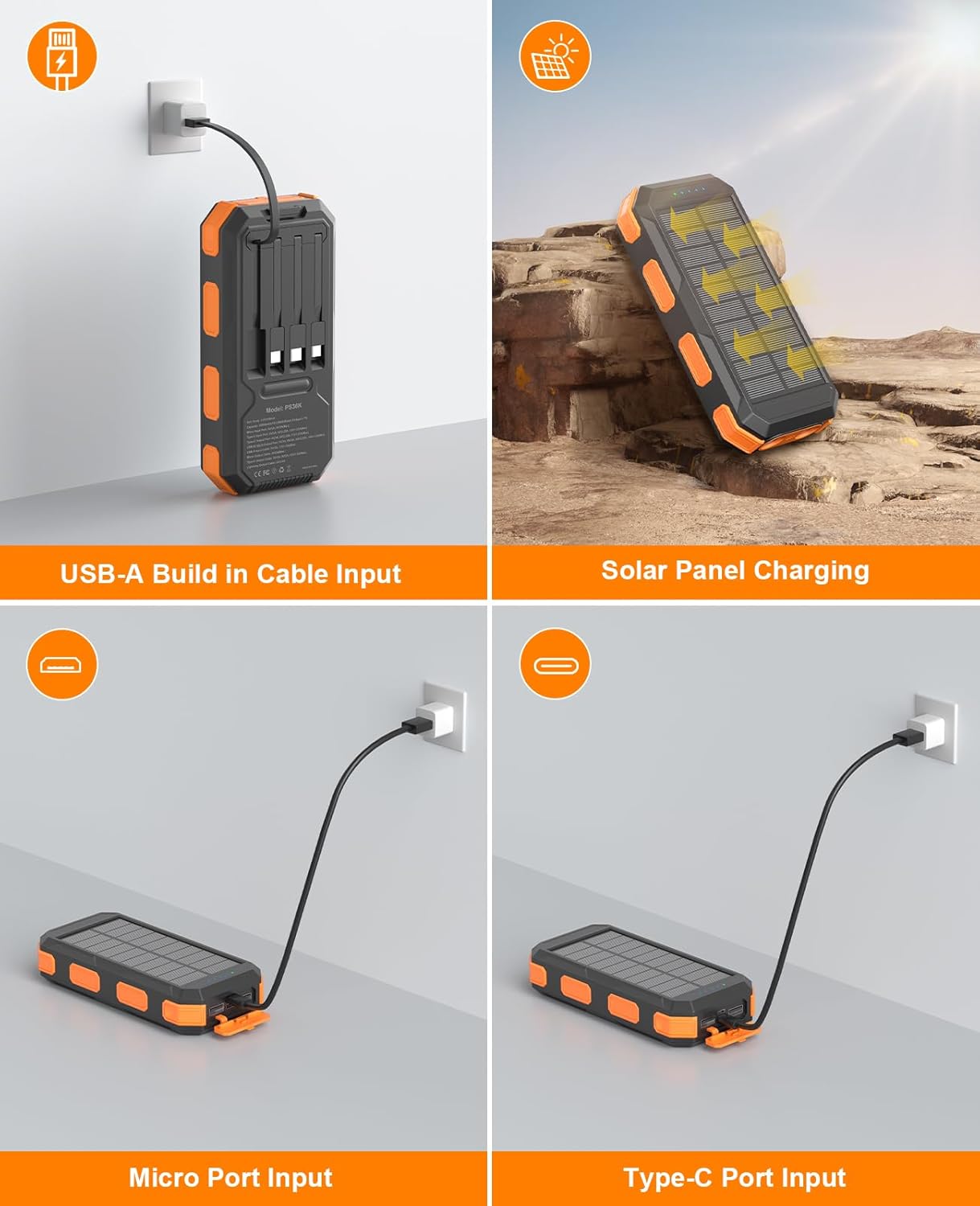 Solar Charger Power Bank 38800mAh, 22.5W USB-C Fast Charging Portable Charger with 4 Built-in Cables, External Battery Pack with Dual LED Emergency Flashlights for Camping, Hiking, Outdoor Use - Image 8