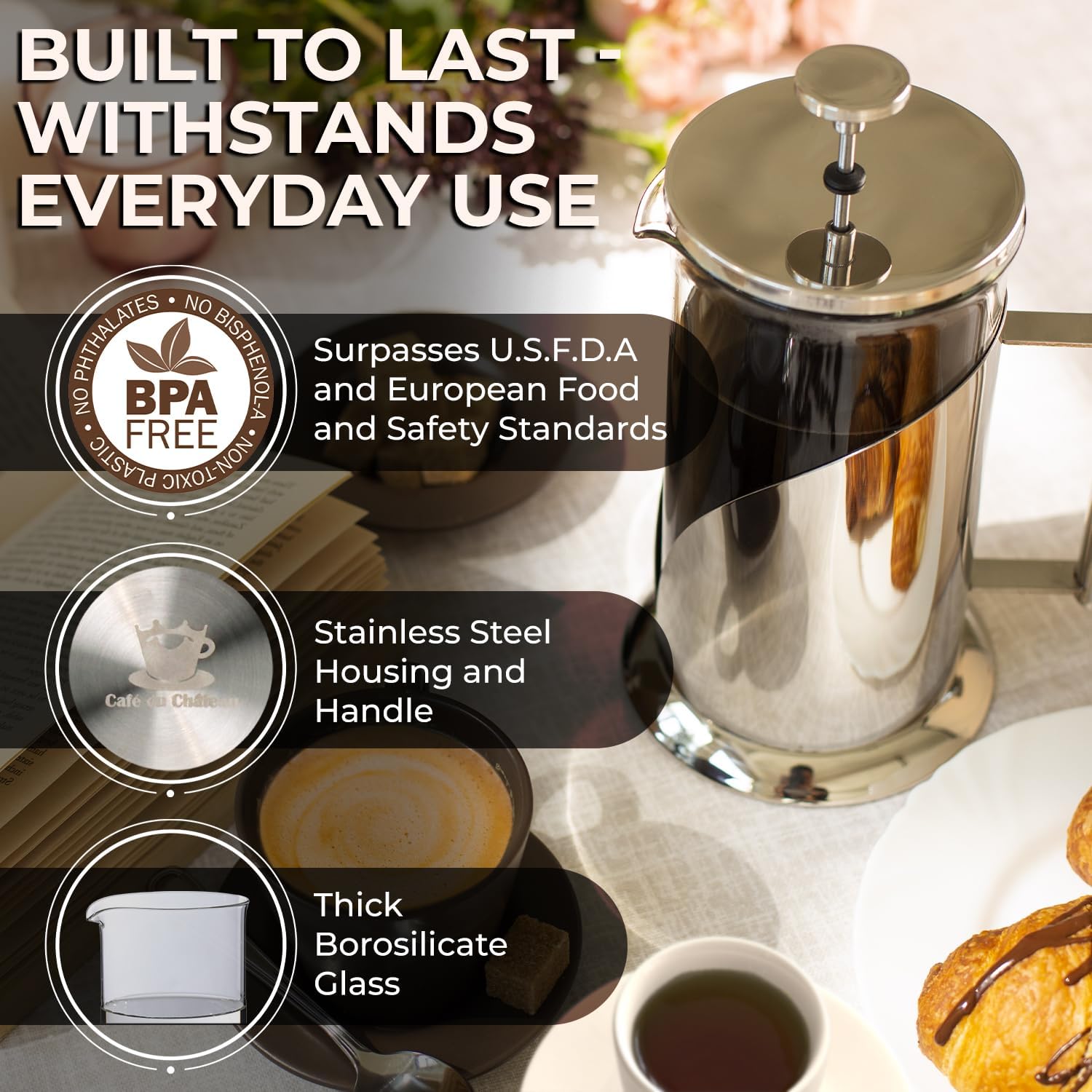 Cafe Du Chateau Stainless Steel French Press Coffee Maker 34 oz - Easy to Use Insulated Coffee Press with 4-Level Filtration, Manual Brewer for Tea, Camping & Travel with BPA Free, Durable Clear Glass - Image 4