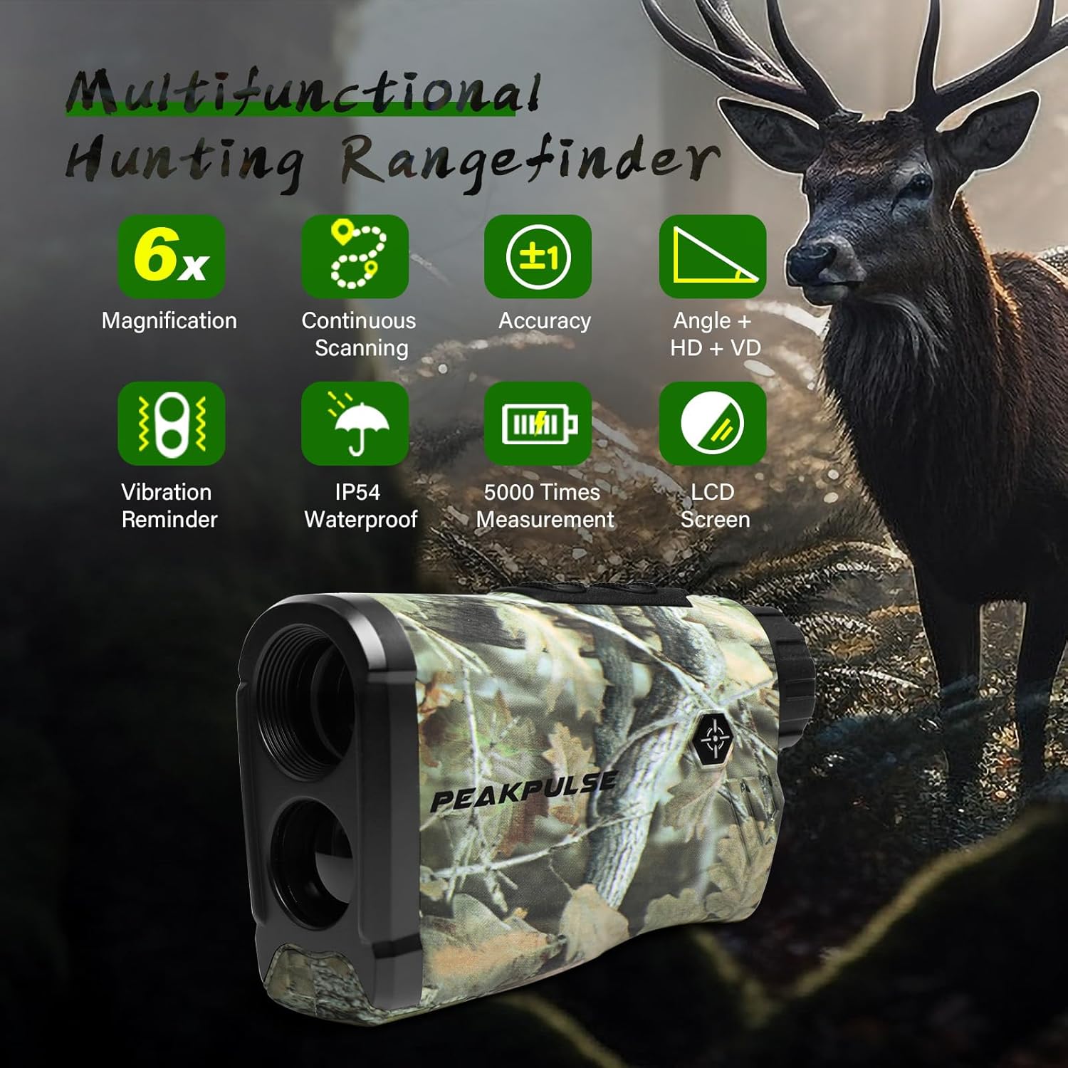 PEAKPULSE Hunting Range Finder 1400Yds - 6X Zoom, Angle Compensation, IP54 Waterproof for Deer & Bow Hunter - Image 2
