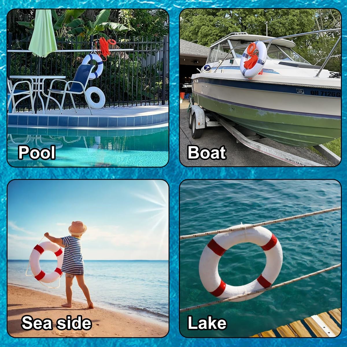 Lifebuoy Set 20Inch Life Preserver Ring and Water Floating Lifesaving Rope 98.4FT,Swim Foam Buoy,Swimming Pool Safety Throwing Ring with Perimeter Rope,Throwable Flotation Device - Image 4