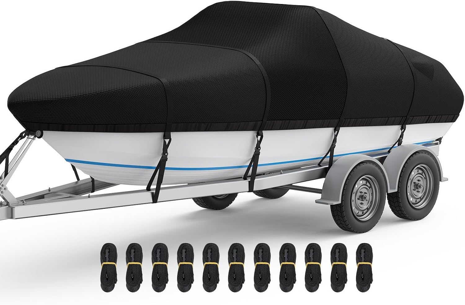 RVMasking Waterproof Boat Cover 20-22 ft, 1400D Heavy Duty Middle Reinforced Marine Grade Trailerable Cover, Fits 20'-22' V-Hull Tri-Hull Bass Boat Runabout Fish Ski Boat with Storage Bag, Black