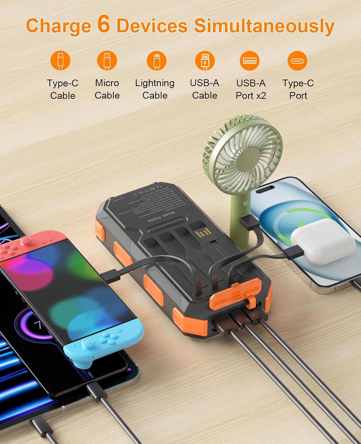 Solar Charger Power Bank 38800mAh, 22.5W USB-C Fast Charging Portable Charger with 4 Built-in Cables, External Battery Pack with Dual LED Emergency Flashlights for Camping, Hiking, Outdoor Use - Image 3