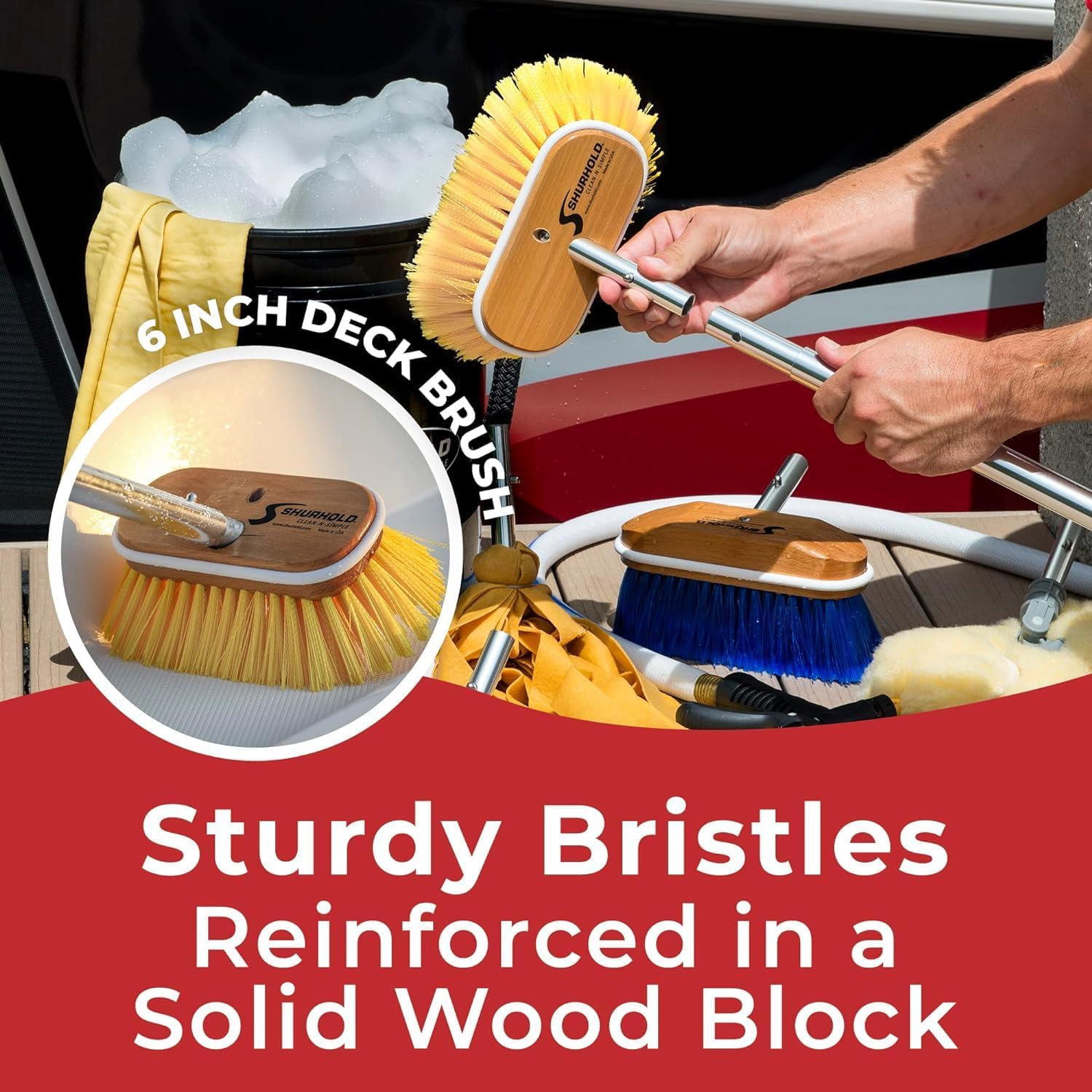 Shurhold Classic 6” Soft Bristle Deck Brush – Compact Boat Brush with Wood Block, Rubber Bumper & Split-End Polystyrene Bristles - Yellow - Image 6