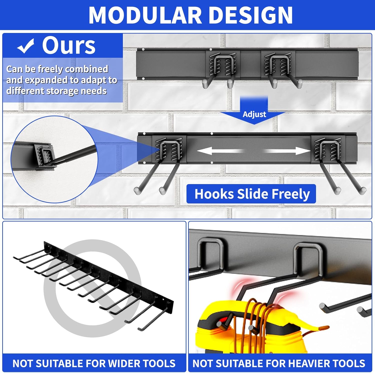 Garage Tool Organizer Wall Mount, 48 Inch Heavy Duty Garden Tool Organizer Storage System, Easy Install with 6 Adjustable Straight Hooks, for Garage, Basement, Shed, Workshop, Black, Steel - Image 3