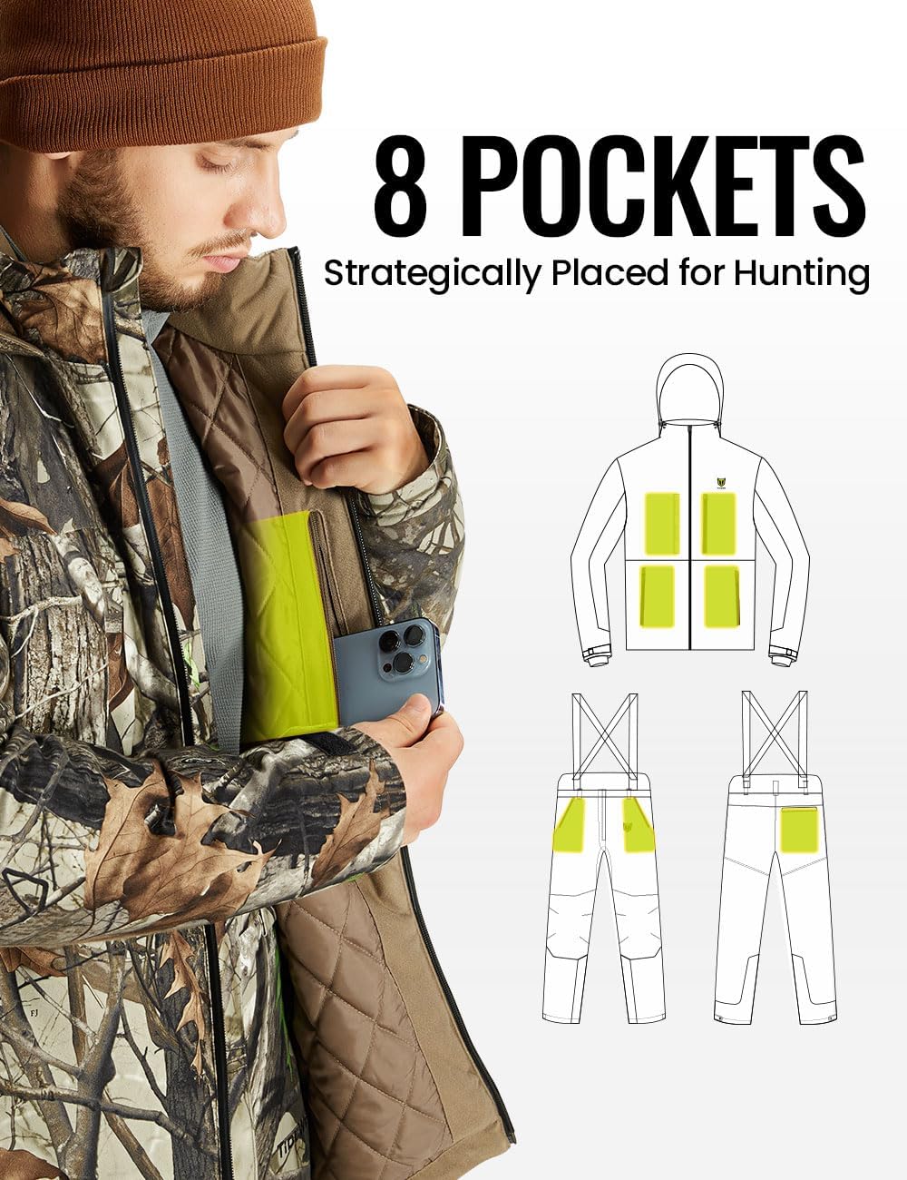TIDEWE Hunting Clothes for Men with Face Mask, Silent Waterproof Hunting Jacket and Adjustable Bibs, Safety Strap Compatible - Image 4