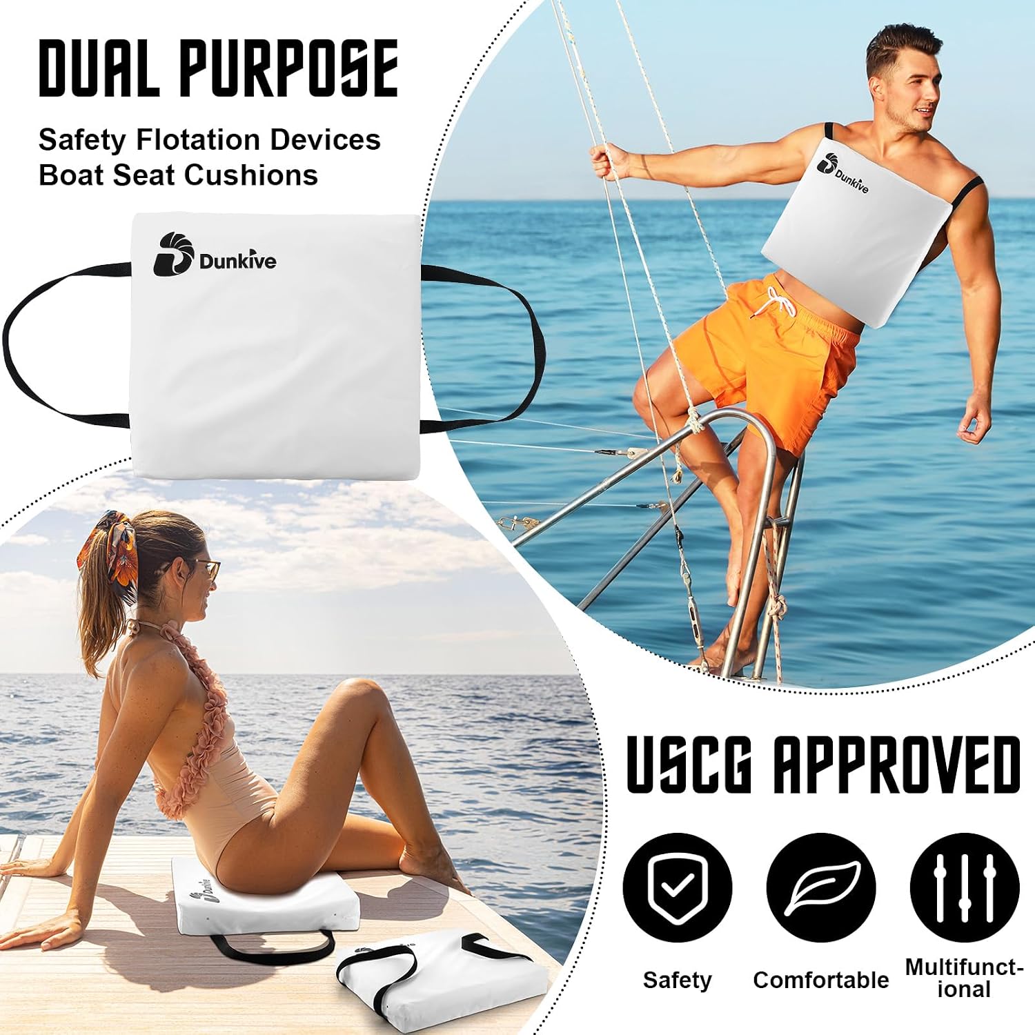 2 Pack Boat Throw Flotation Cushion, USCG Approved, Emergency Marine Throwable Flotation Device, Foam Boat Cushions Life Preserver, Throw Cushions for Boats, Kayaks, Canoes(White) - Image 3
