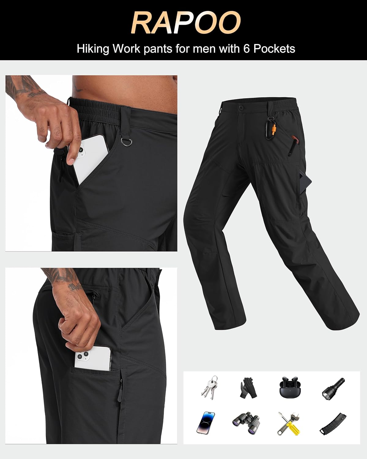 Rapoo Mens Hiking Pants Lightweight Water Resistant Breathable Nylon Cargo Pants with 6 Pockets - Image 6