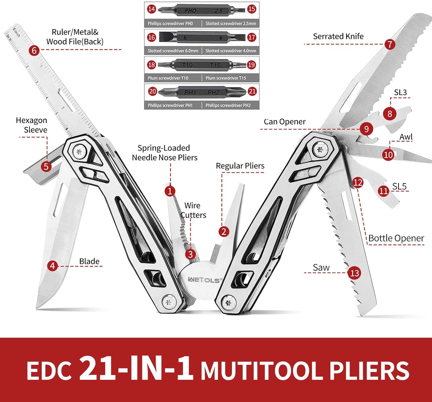 Multitool with Pocket Knife, Birthday Gifts for Men Women Mom Dad, WETOLS 21-in-1 Stainless Steel Pliers with Screwdrivers, Self-locking Multi tools with EDC Sheath, Ideal for Home, Camping, Survival - Image 2