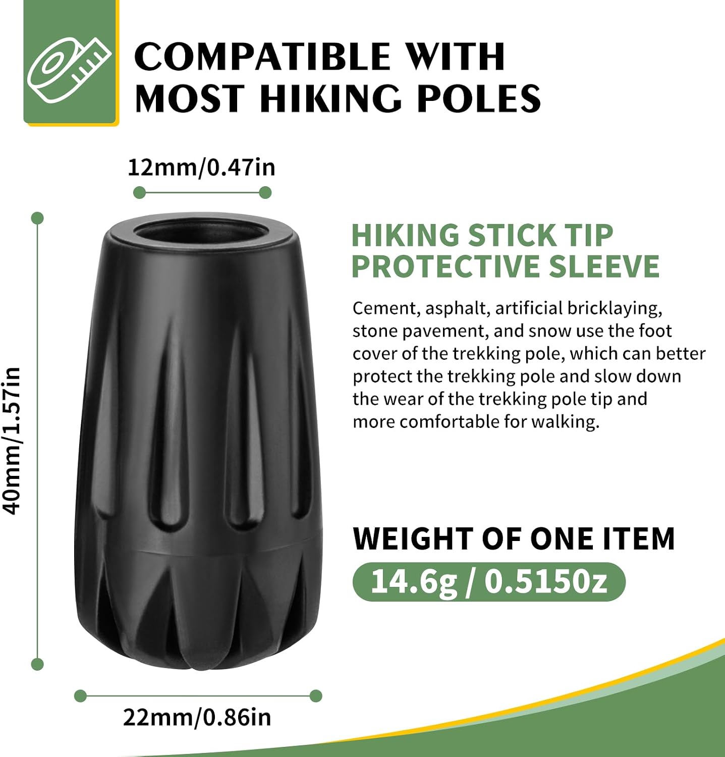 Durable Replacement Rubber Tips for Trekking Poles - Universal Anti-Slip Hiking Stick Caps - Shock Absorbing Pole Accessories - Fits 11mm Standard Poles - Set of 6 - Image 2