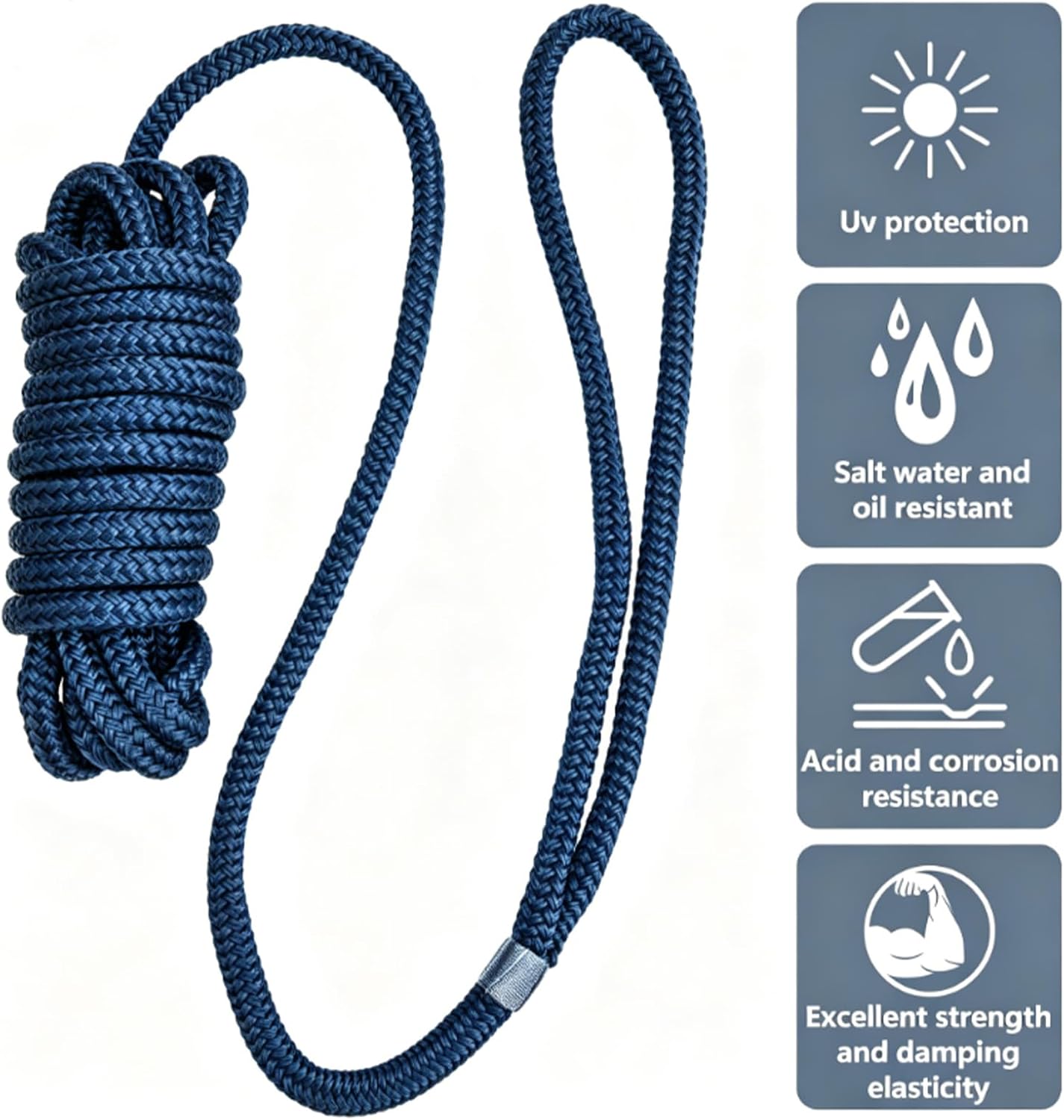 4 Pack 3/8" x 15’ Boat Dock Lines for Boat & Pontoon, Premium Marine- Grade Double Braided Nylon Dock Line, Pre-Spliced with a 12" Eyelet-Navy Blue,Boating Gifts for Men - Image 2