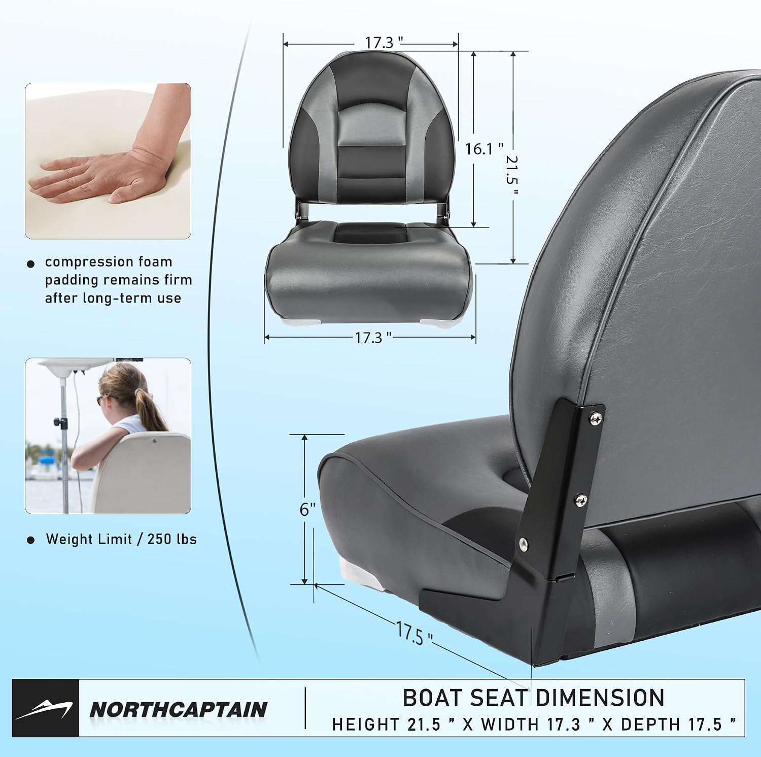 NORTHCAPTAIN Deluxe A Pair of Marine High Back Folding Boat Chair Fishing Boat Seat,for Fishing, Bass/Jon/Pontoon Boat Chairs, 4 Mounting Screws Included - Image 3