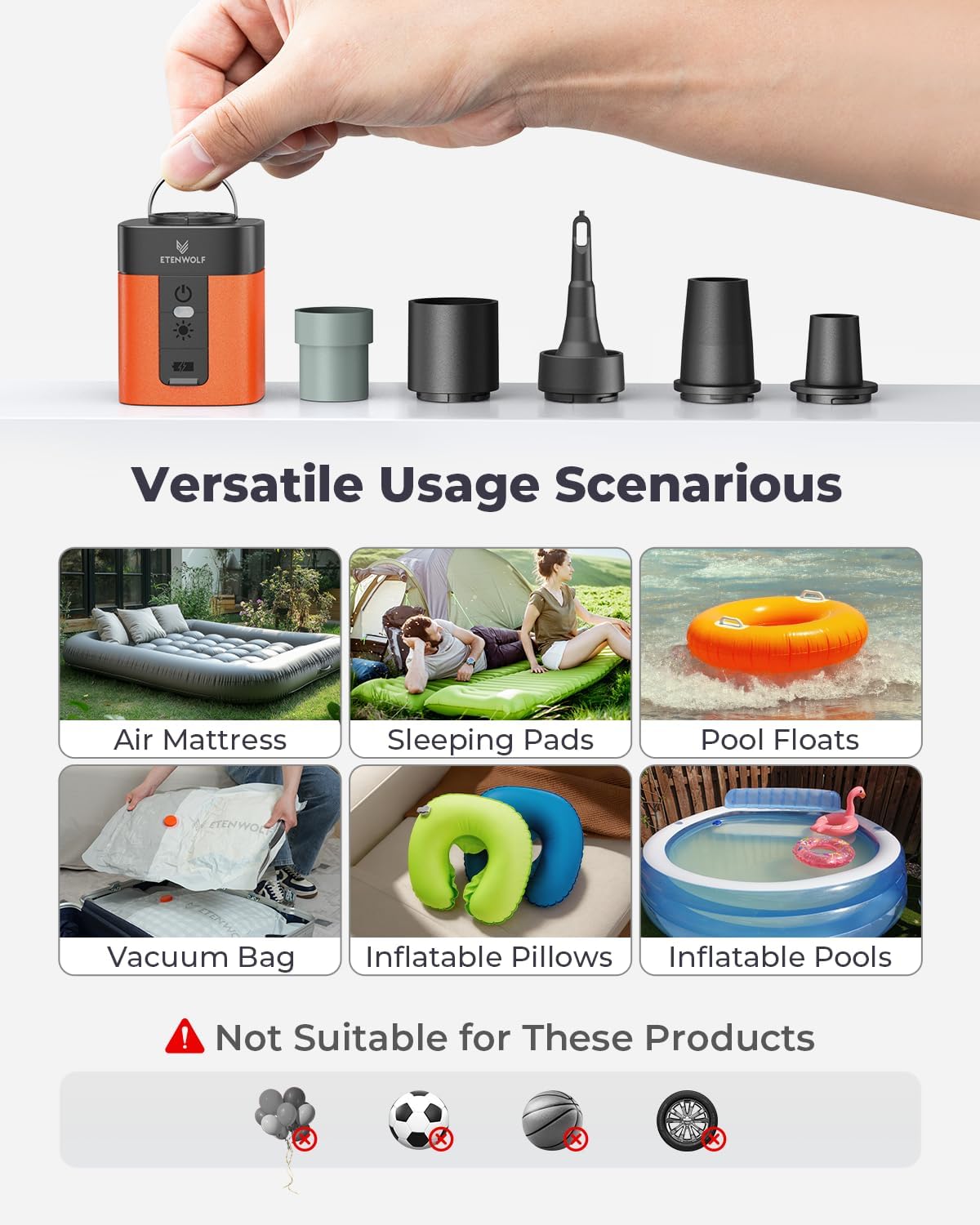 ETENWOLF AIR 3 Air Pump for Inflatables with 2600 mAh Battery & Camping Light, Ultra-Fast and Mini Electric Air Pump, Inflate Deflate for Air Mattress, Pool Floats, Vacuum Storage Bags - Image 6