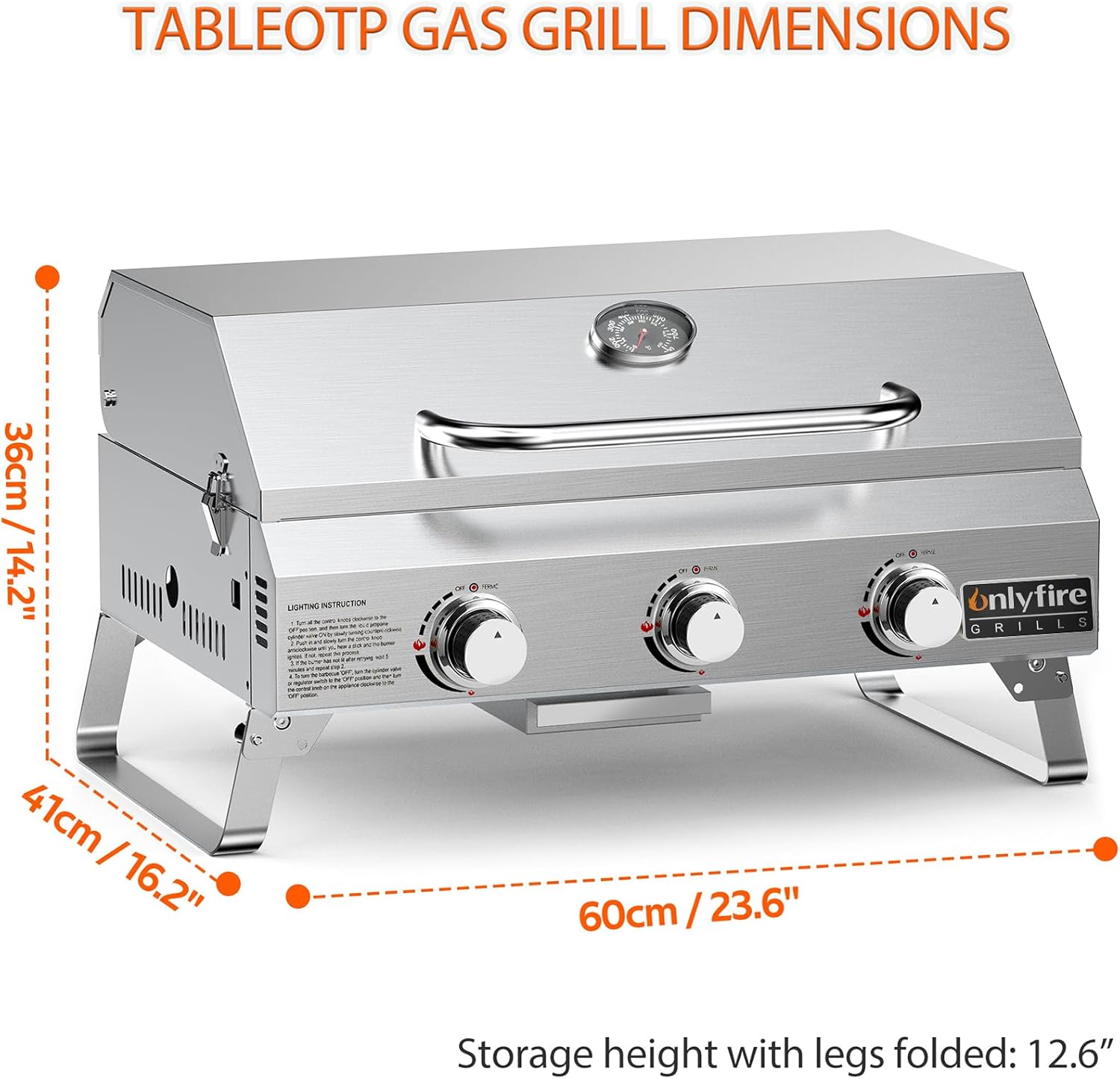 Tabletop Gas Grill 3 Burners, Portable Propane BBQ Grill with Foldable Legs & 22" Stainless Steel Grate for Outdoor Patio Backyard Barbecue, Camping Tailgating RV, 24000BTU High Output, Classic GS307 - Image 2