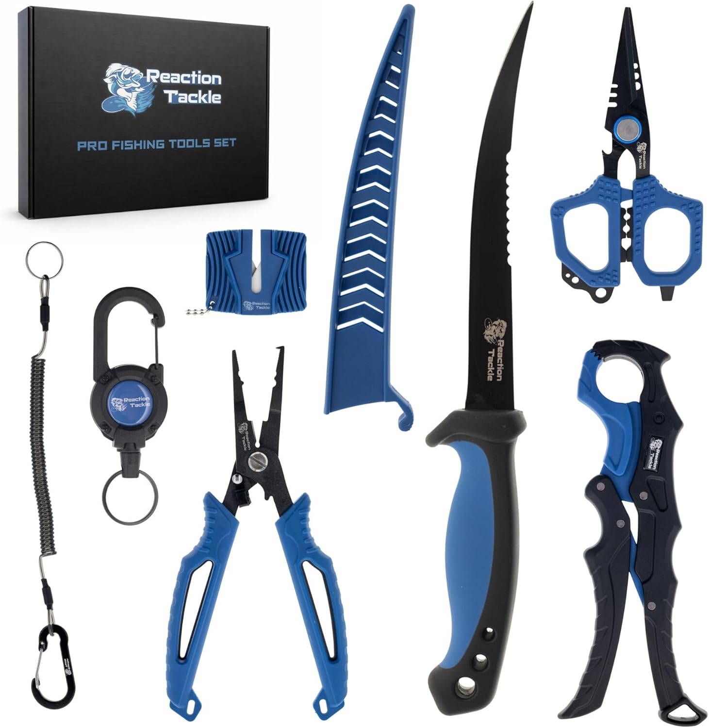 Reaction Tackle 7pc Fishing Tool Kit with Fillet Knife & Sharpener – Stainless Steel Fishing Pliers, Braid Scissors, Floating Fish Lip Gripper, Hook Remover, Lanyard – Freshwater & Saltwater Gear