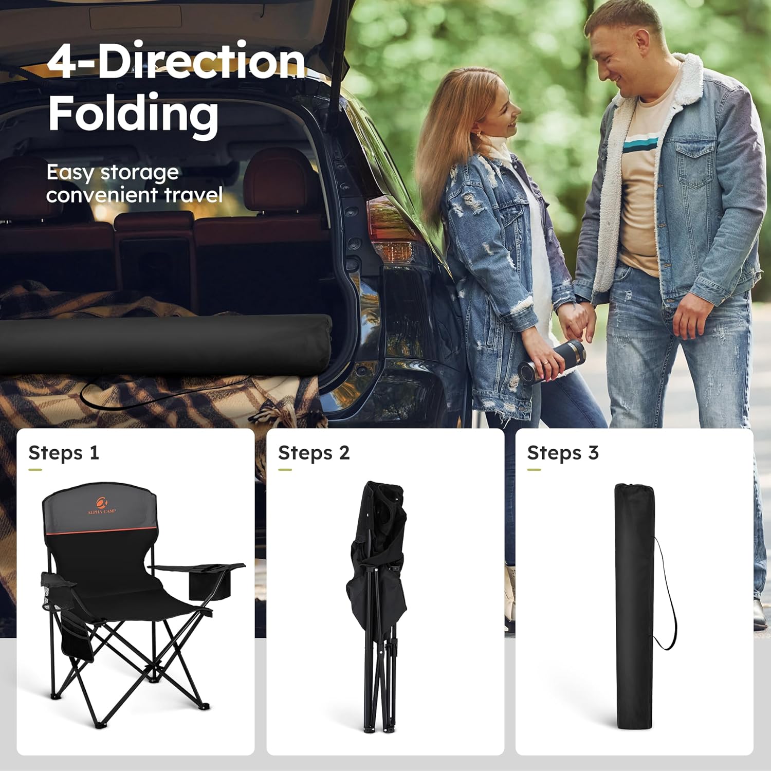 ALPHA CAMP 2-Pack Camping Chair with Cooler Bag, Heavy Duty 250lbs Capacity Folding Chair with Lumbar Support & Side Pocket, Portable Quad Chairs for Beach Fishing Tailgating & Sideline Sport - Image 9