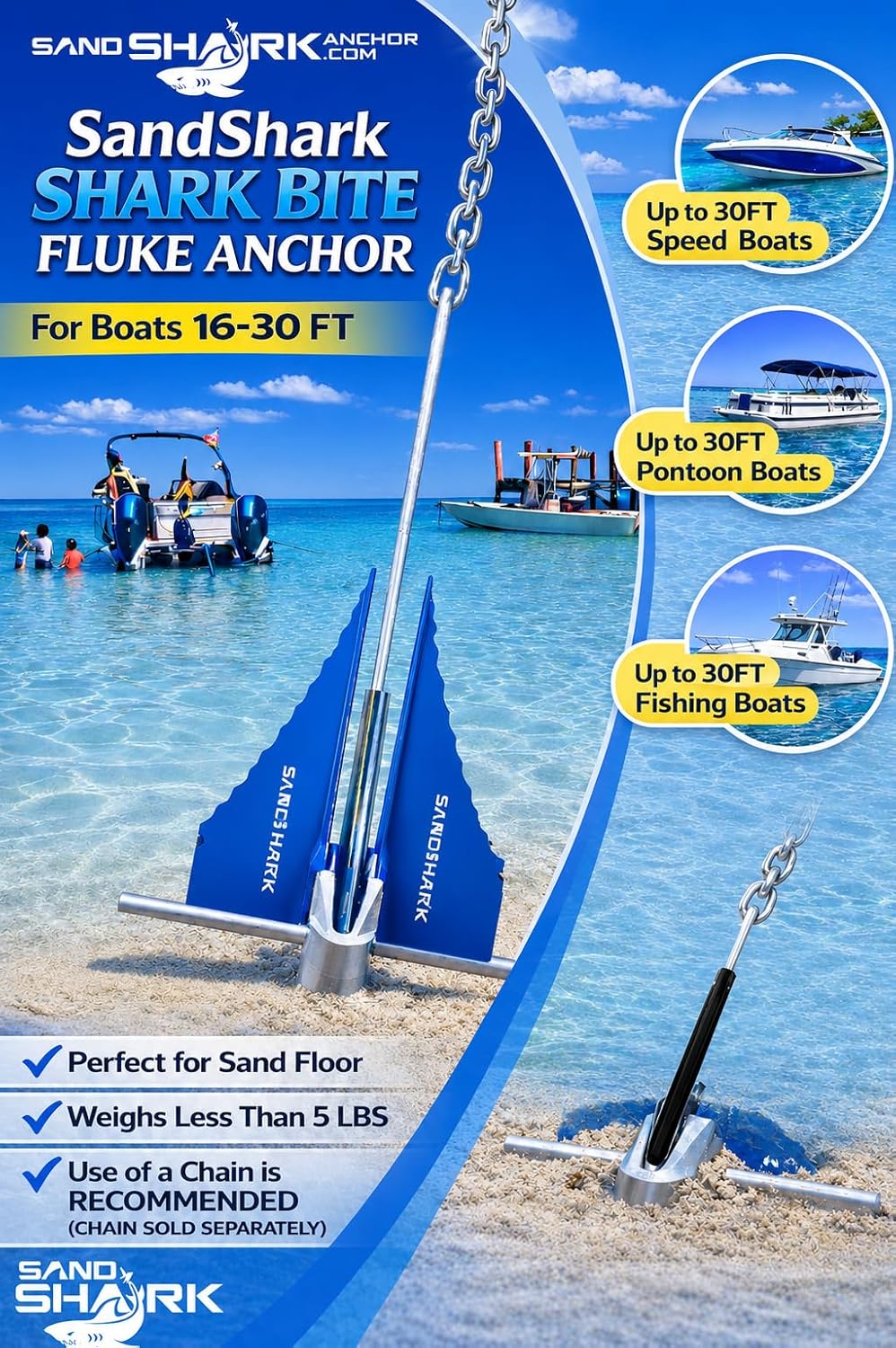 SandShark Premium Fluke Anchor-Retractable Shaft Easy Storage-Aluminum Pontoon Boat Anchor, Jet Ski Anchor. Boats - Image 2