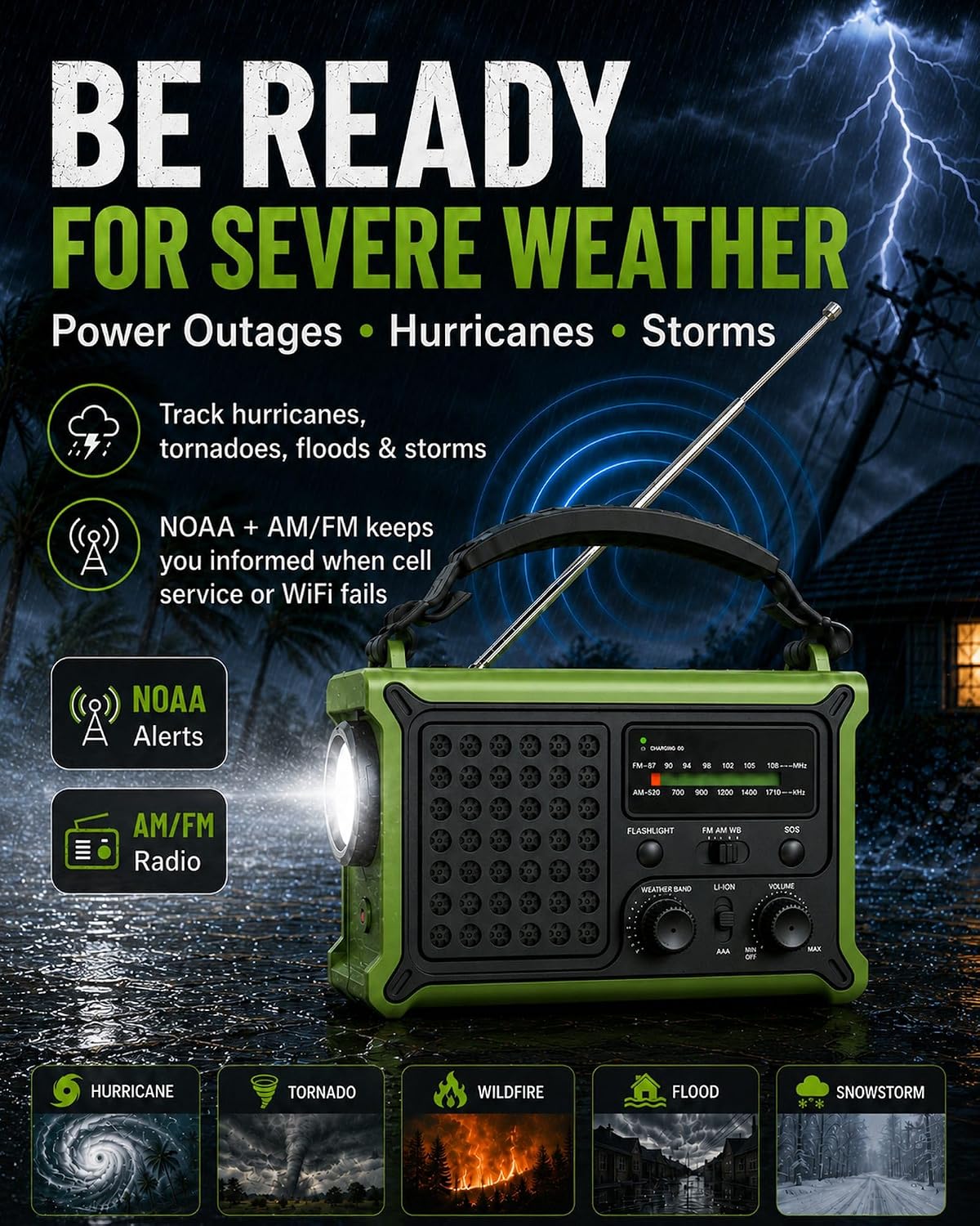 Emergency Weather Radio for Power Outages & Hurricanes, 12000mAh Hand Crank Solar Radio with 8500mm² Solar Panel, NOAA AM/FM Alerts, 5W Flashlight & SOS, Army Green for Camping, RV, Hiking & Survival - Image 2