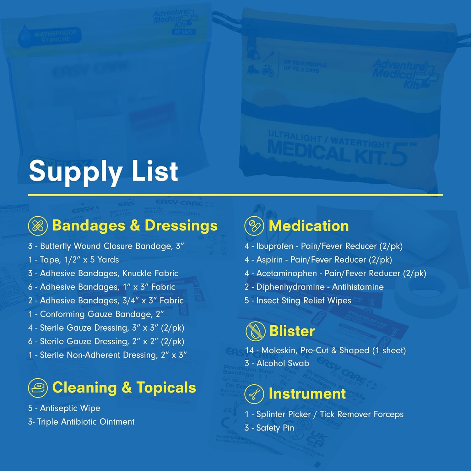 Adventure Medical Kit Ultralight/Watertight Medical Kit .5 - Up to 2 People, Up to 2 Days - Includes Bandages, Blister Essentials & More - Perfect for Hiking, Biking & Climbing - Image 5