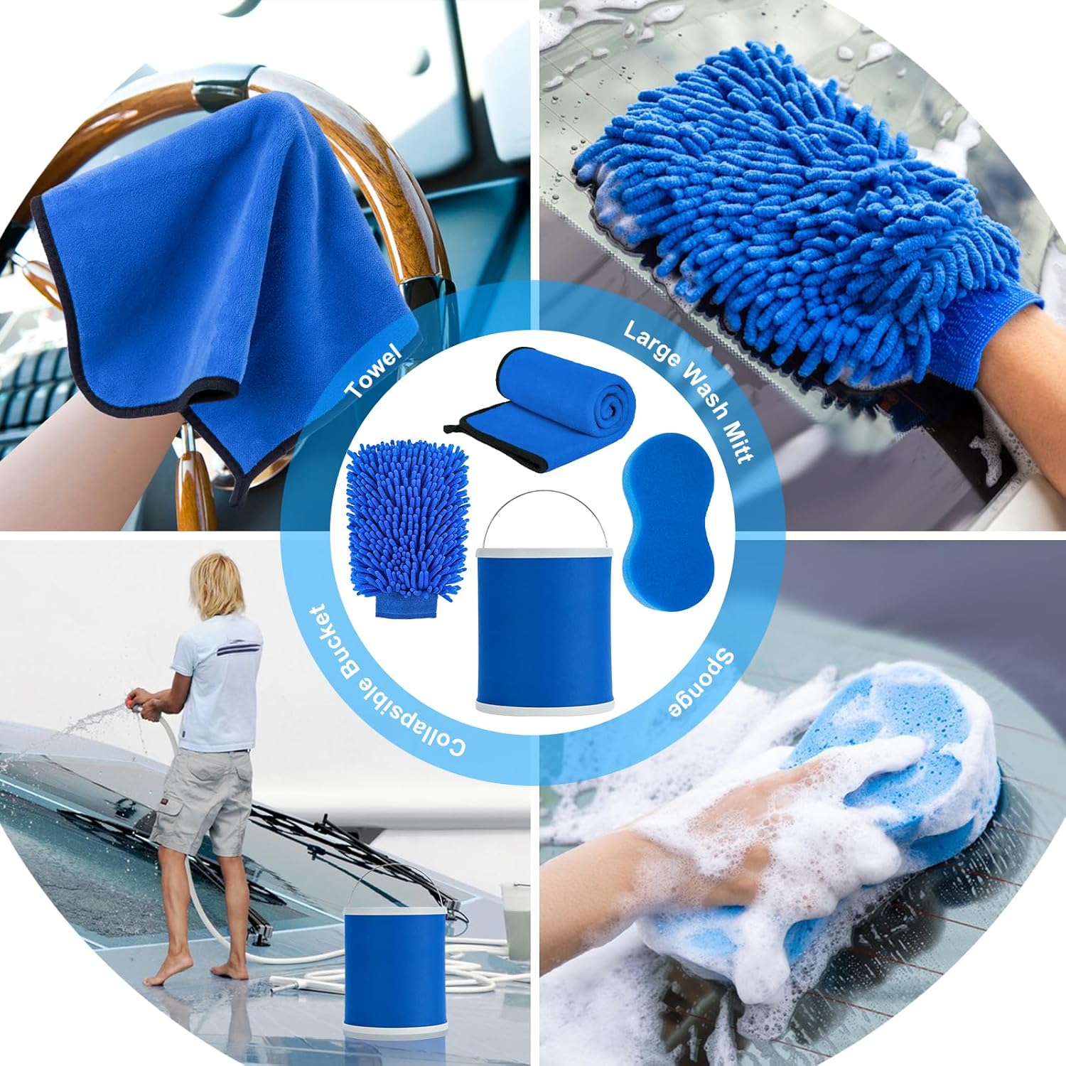12Pcs Boat Wash Cleaning Kit with Collapsible Bucket Wash Sponge Mitt Microfiber Towel Squeegee Scrub Pads Brushes Complete Interior Exterior Cleaning Set for Boat - Image 6