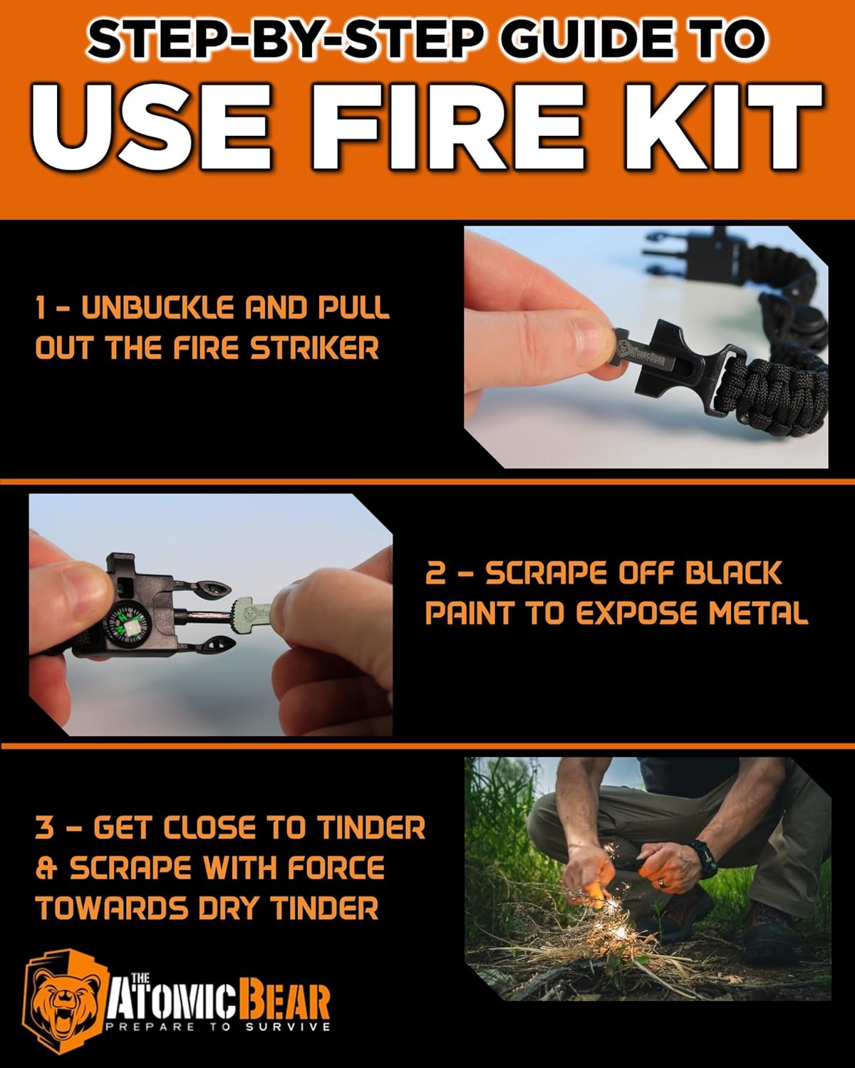 Atomic Bear Paracord Bracelet (2 Pack) - Adjustable - Fire Starter - Loud Whistle - Perfect for Hiking, Camping, Fishing and Hunting - Black & Black+Orange - Image 8