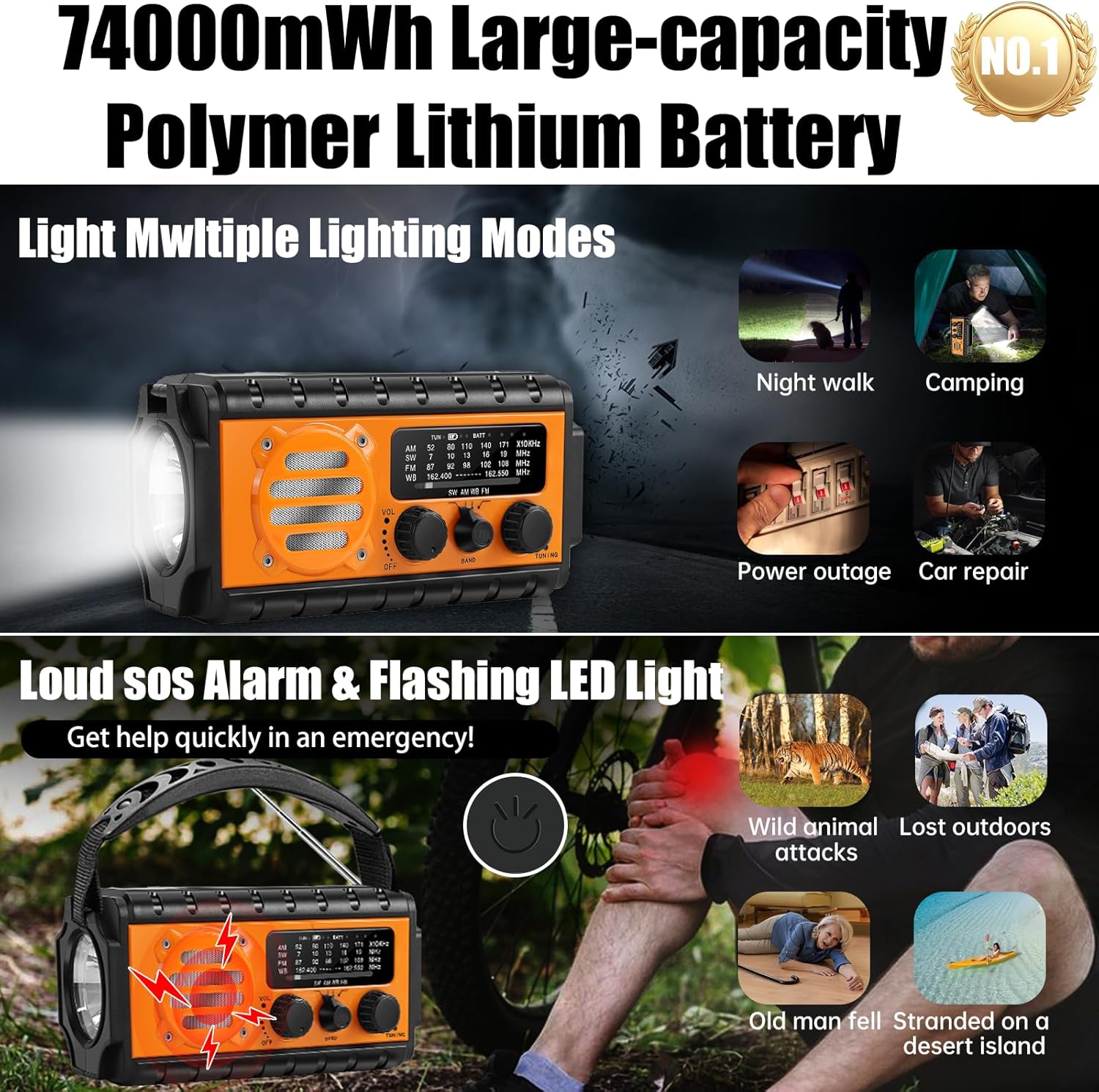 QAUYYW 74000mWh Emergency Radio with NOAA Weather, Portable Hand Crank SW/AM/FM Survival Radio with Fast Charge Rechargeable Solar Battery, Flashlight, Reading Lamp,SOS Sirenor Home Outdoor - Image 4