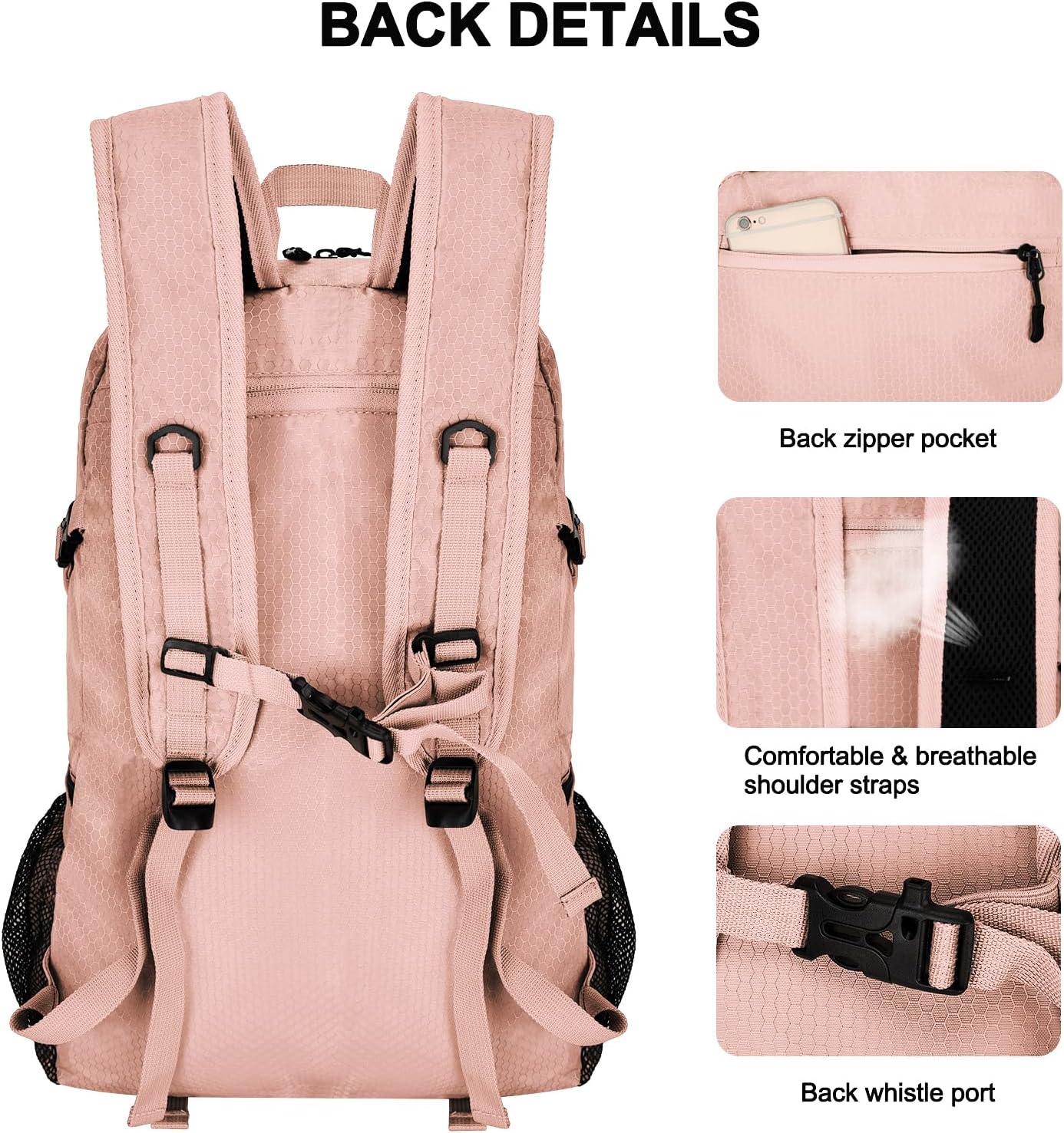 Goloni 45L Hiking Backpack Lightweight Foldable, Waterproof Camping Backpack with Rain Cover & Hiking Pole Mat Carrying System, Ergonomic Water Resistant Daypack for Trekking Travel Men Women Pink - Image 5