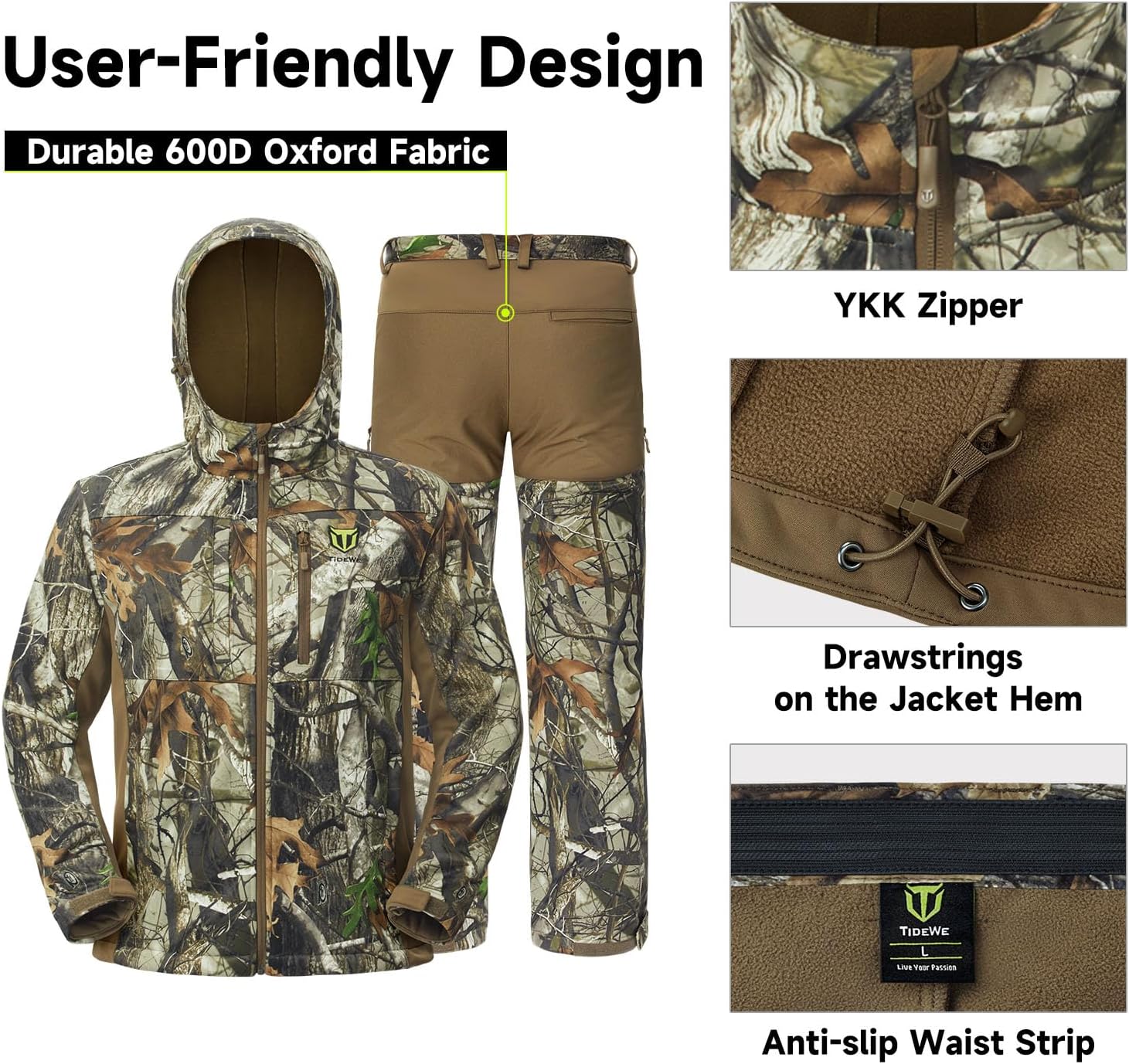TIDEWE Hunting Clothes for Men with Fleece Lining, Safety Strap Compatible Water Resistant Silent Hunting Jacket and Pants - Image 5