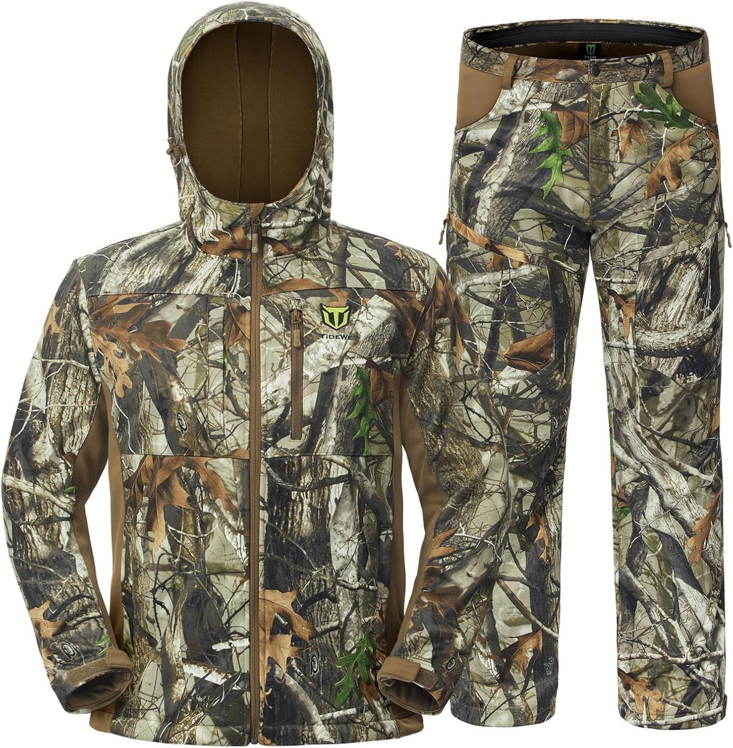 TIDEWE Hunting Clothes for Men with Fleece Lining, Safety Strap Compatible Water Resistant Silent Hunting Jacket and Pants