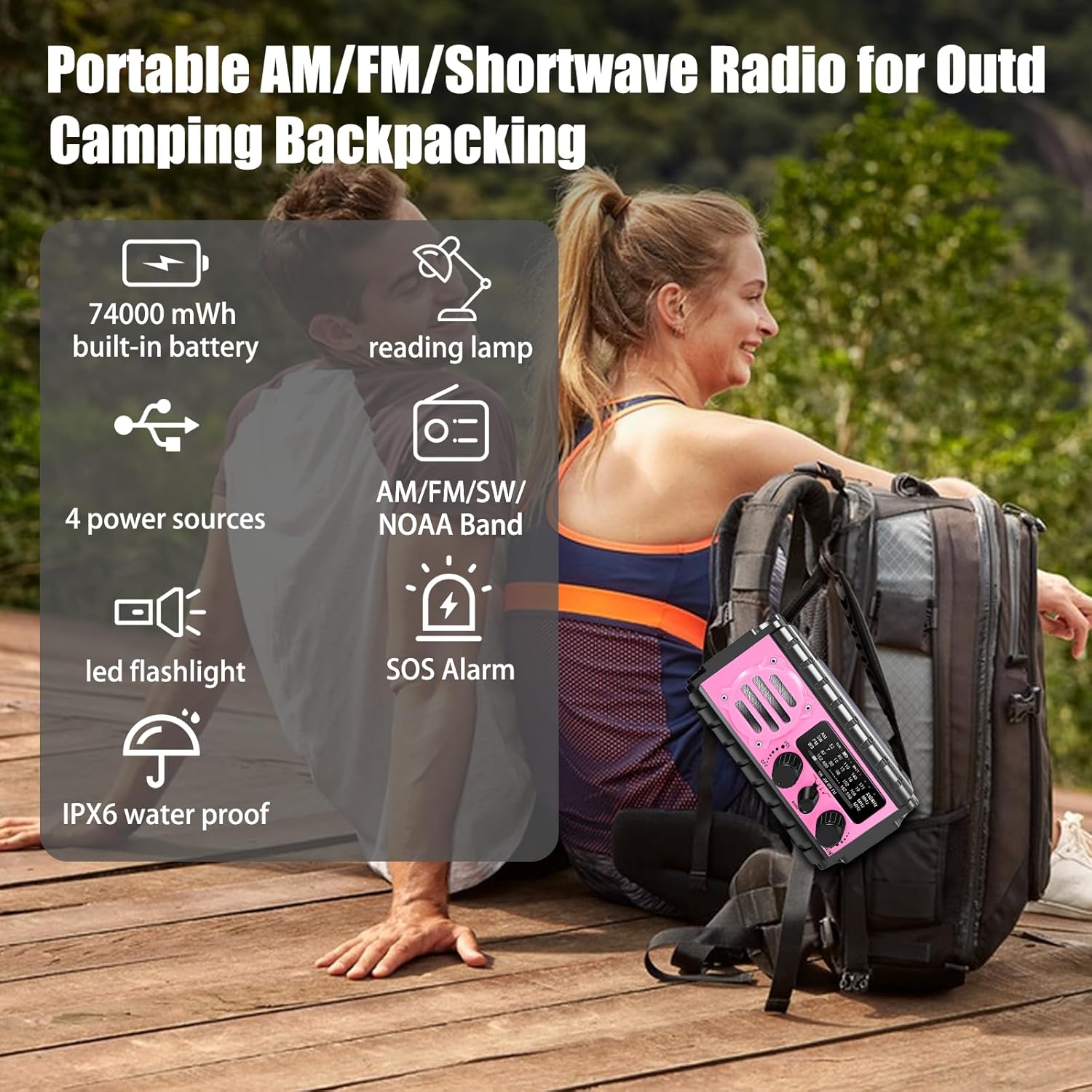 74000mWh Emergency Radio with NOAA Weather, Portable Hand Crank SW/AM/FM Survival Radio with Fast Charge Rechargeable Solar Battery, Flashlight, Reading Lamp,SOS Sirenor Home Outdoor(Pink) - Image 6