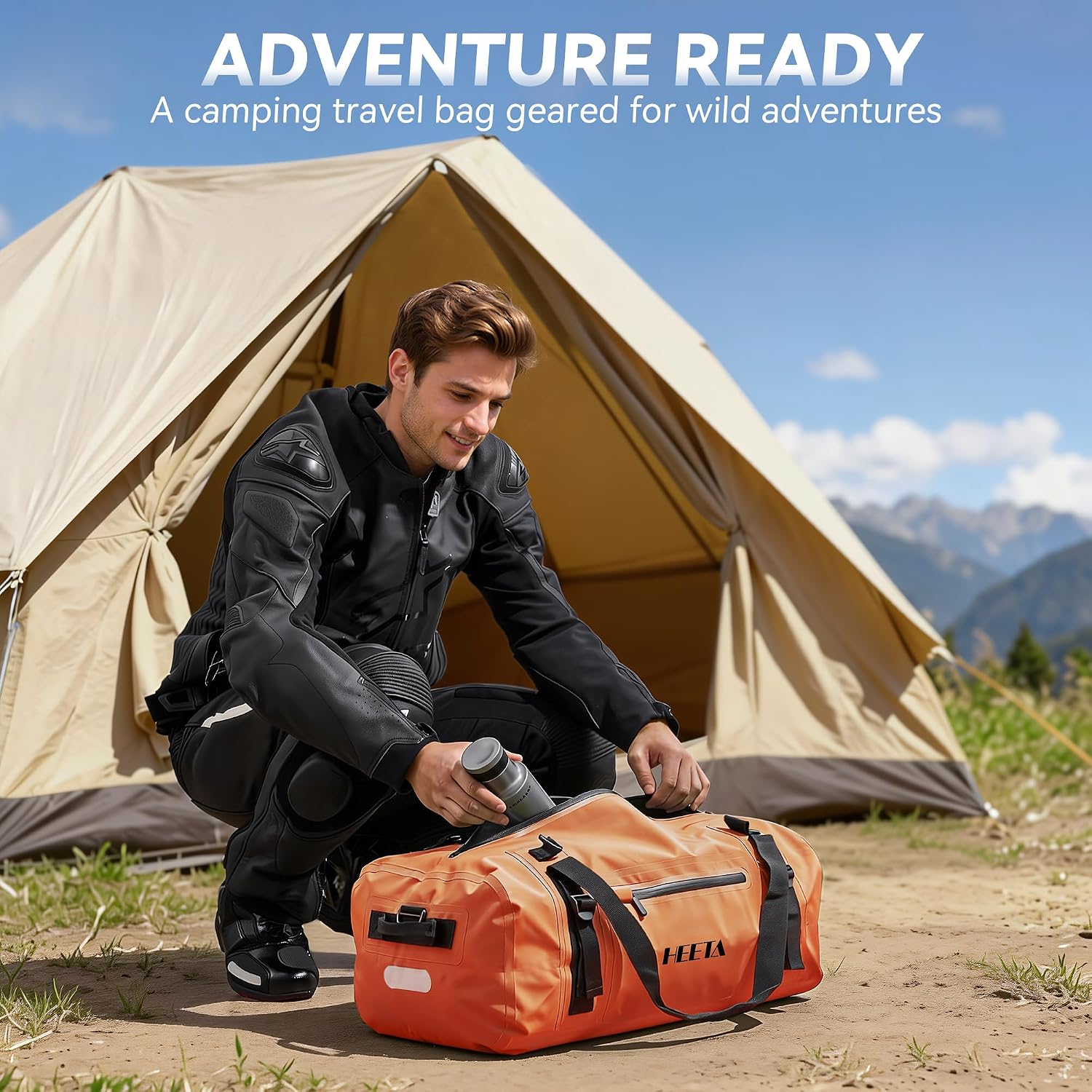 HEETA Waterproof Motorcycle Dry Bag, Waterproof Duffel Luggage Travel Bags with Zippered Closure & Pocket, Shoulder Straps, Large Space for Motorcycling Camping Commuting Boating (Orange, 50L) - Image 8