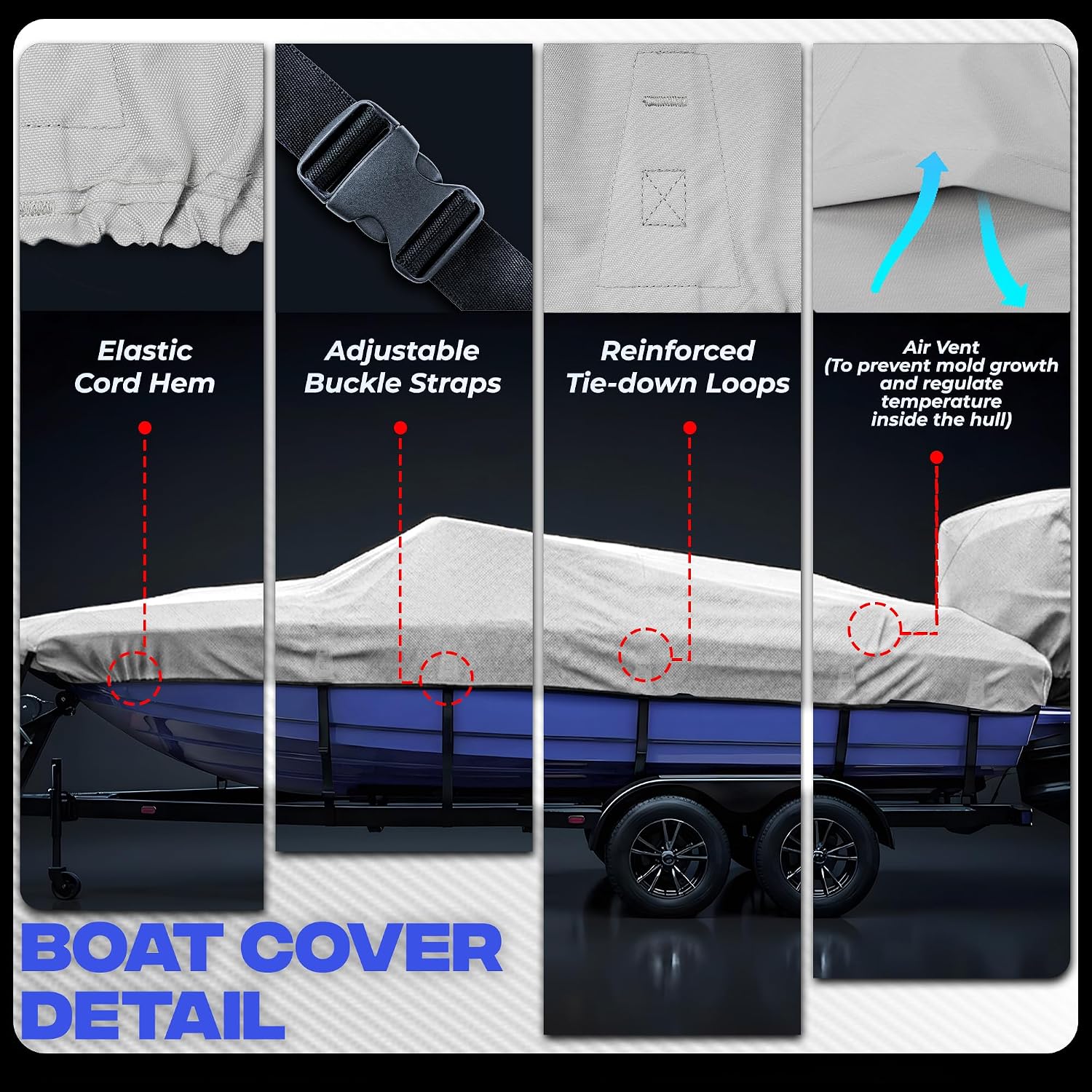 FOCEAN 1200D Boat Cover 15-17ft, Waterproof Heavy Duty Marine Tarp Gray Cover, Fits Bass, V-Hull, Tri-Hull, Runabout Fish Ski Boats with Storage Bag - Image 2