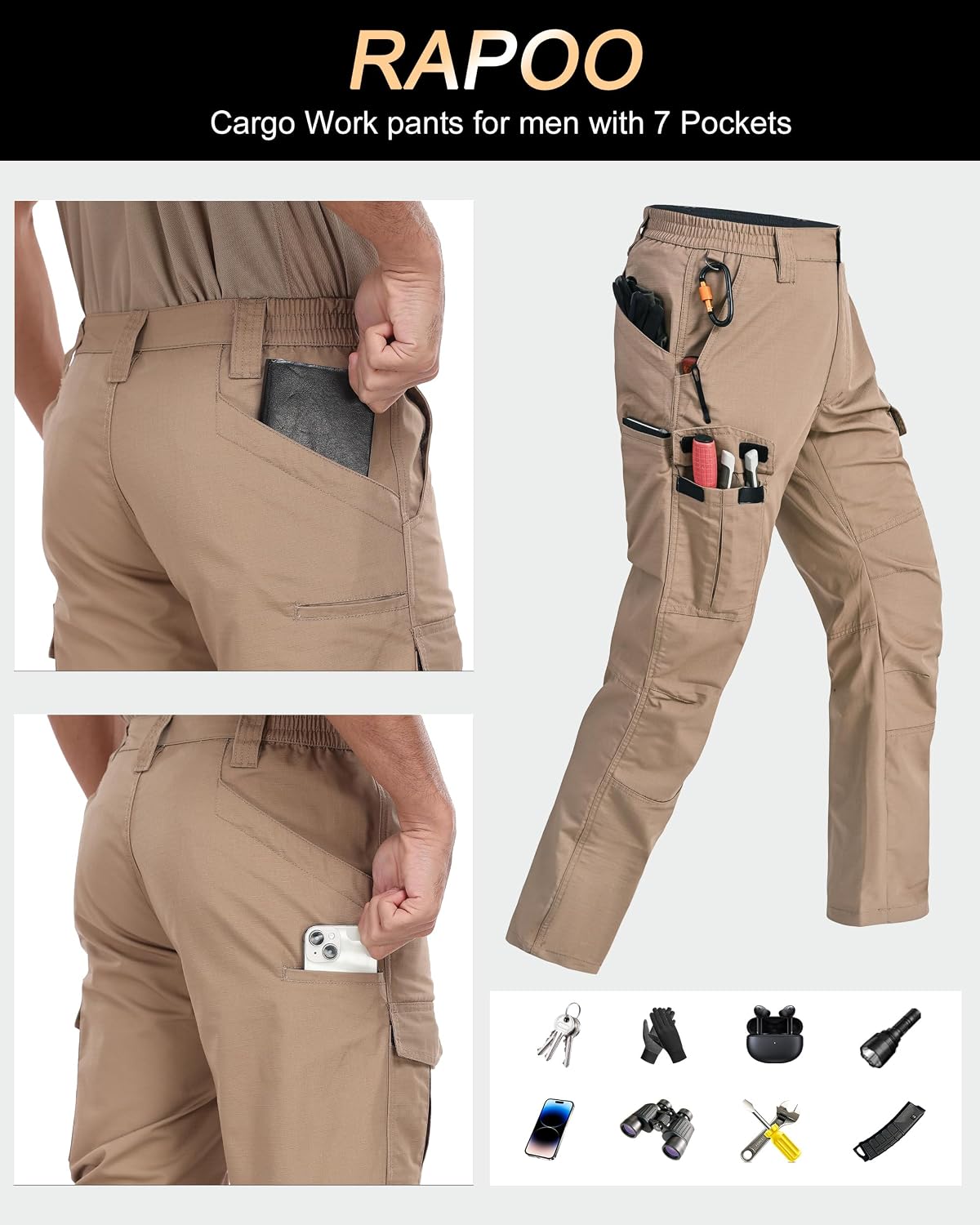 Rapoo Mens Cargo Pants Ripstop Water Resistant Breathable Tactical Hiking Pants with 7 Pockets - Image 5