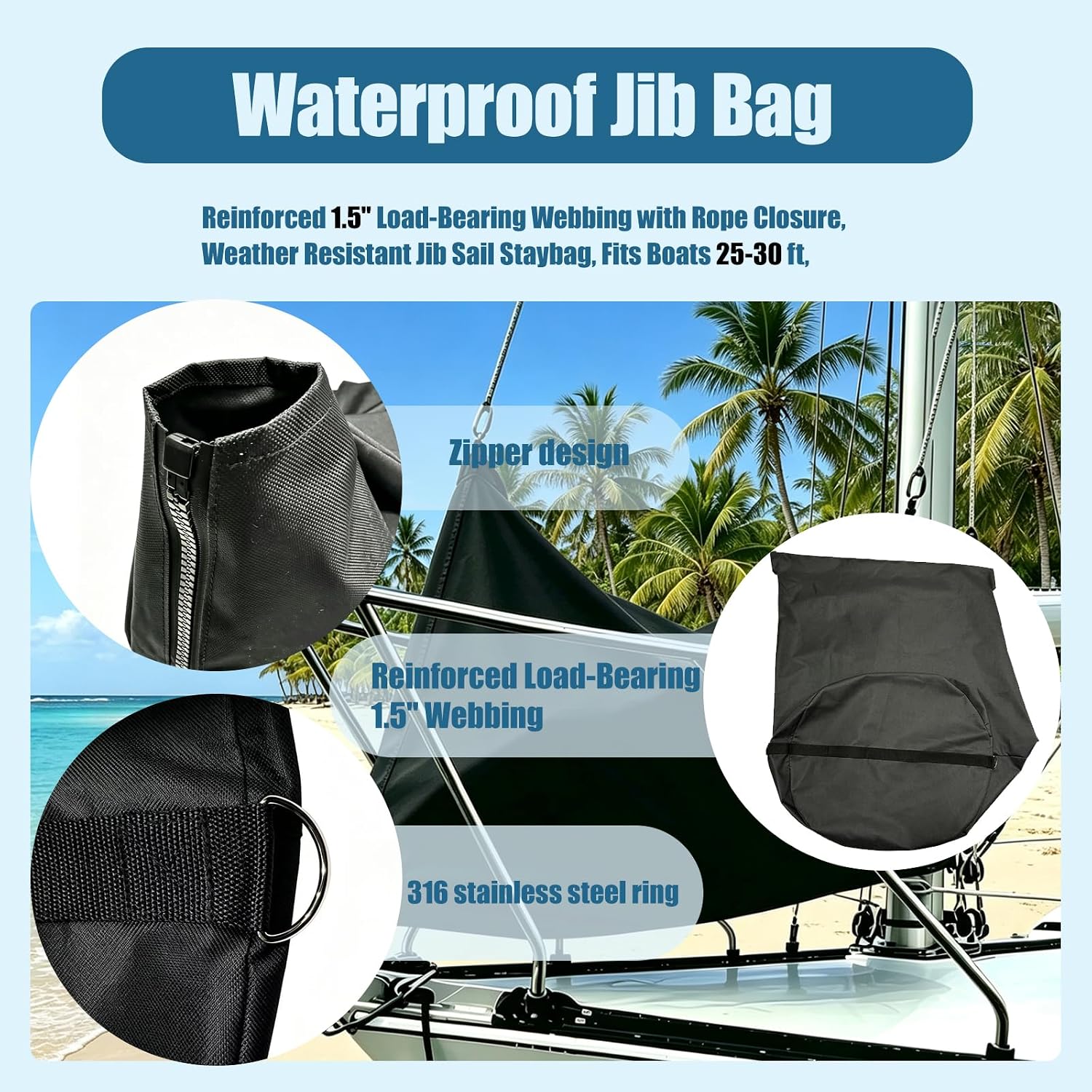 Waterproof Jib Bag, Heavy Duty 600D PVC Coated Sailboat Jib Bag, Reinforced 1.5" Load-Bearing Webbing with Rope Closure, Weather Resistant Jib Sail Staybag, Fits Boats 25-30ft, 26.8" Dia (Large) - Image 3