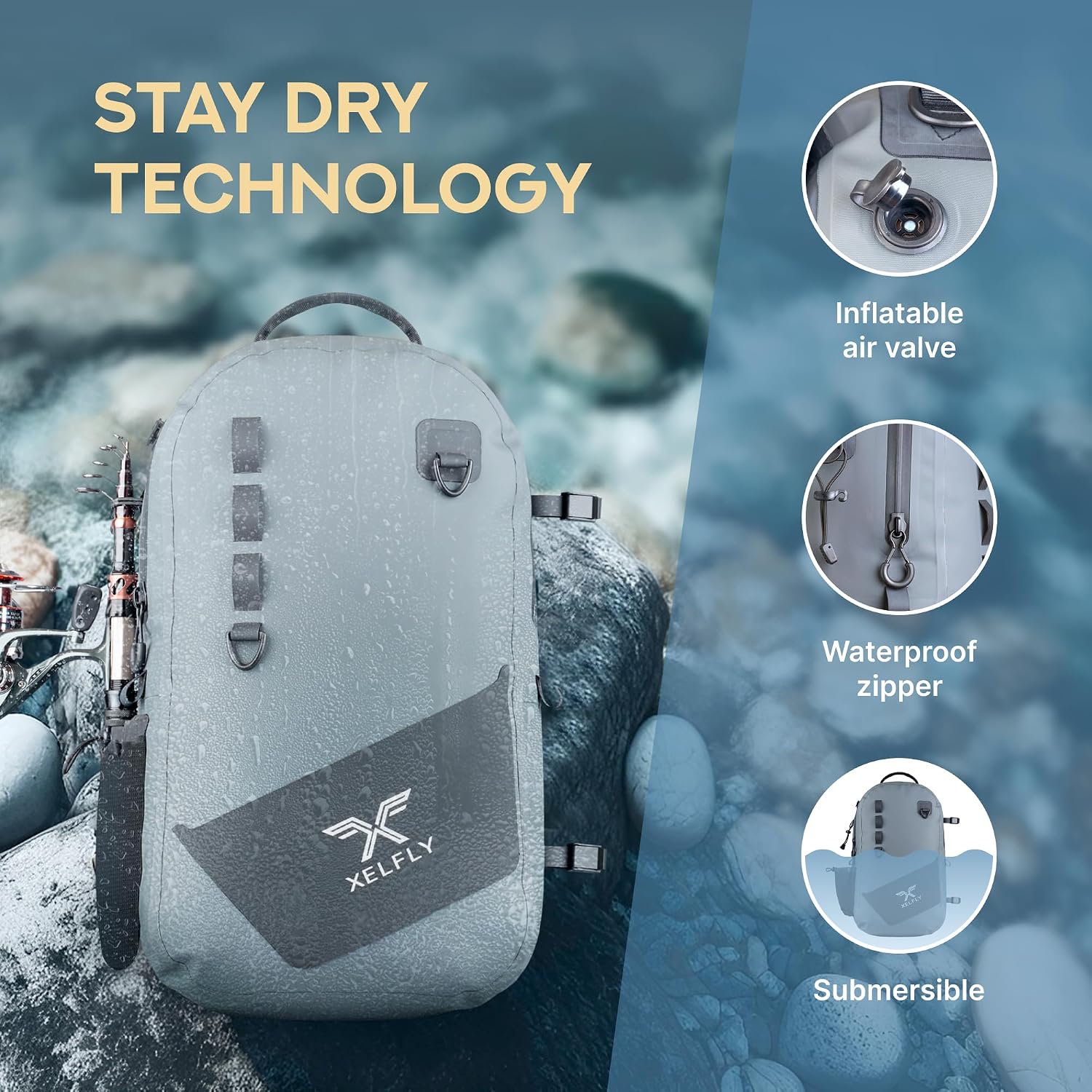 Xelfly - Waterproof Fishing Backpack with Rod Holder, Inflatable Air Valve, Padded Waist Straps & Gear Loops - Submersible Zipper, Rugged Top Handle, Adjustable Attachments (Gray) - Image 2