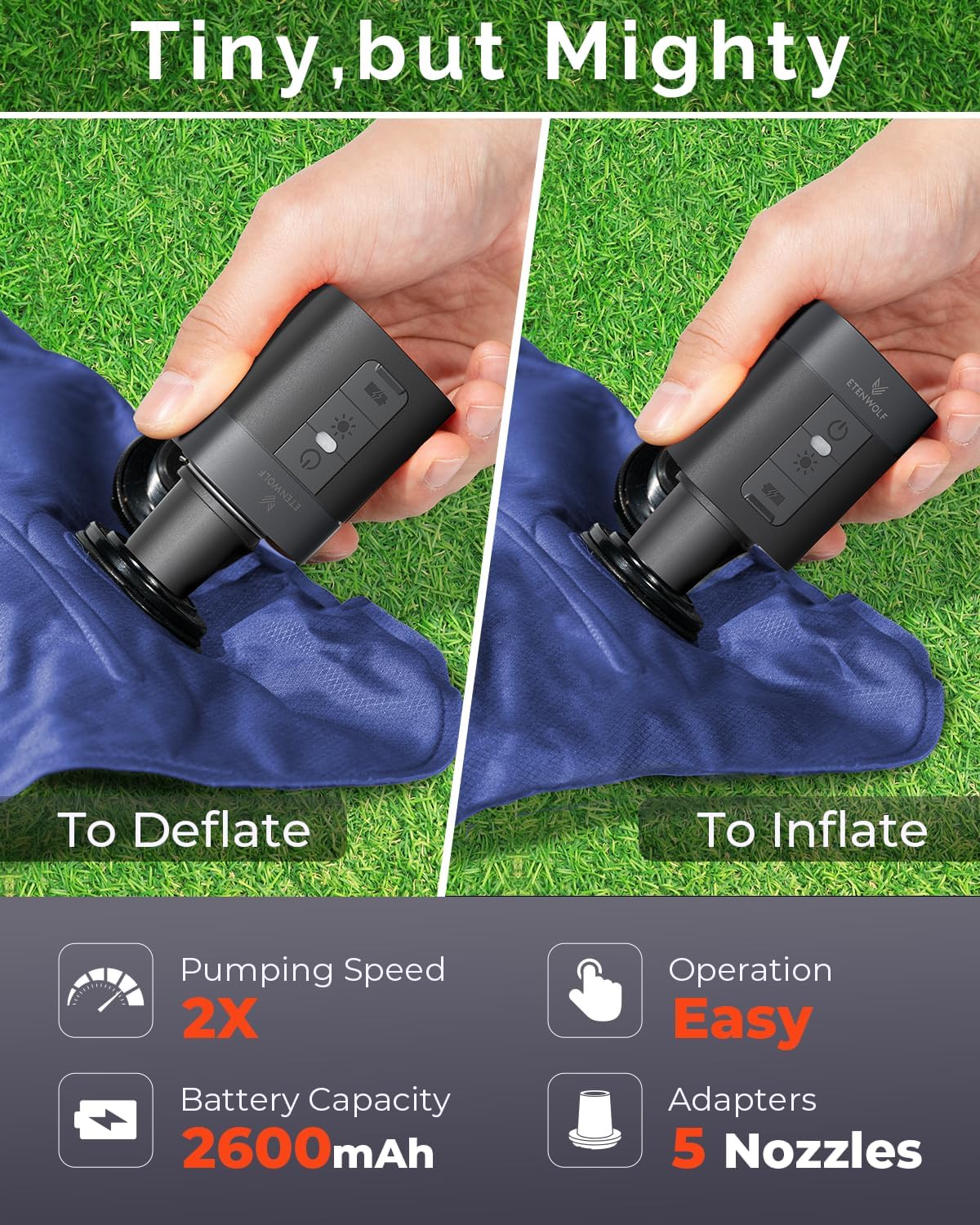 ETENWOLF AIR 3 Air Pump for Inflatables with 2600 mAh Battery & Camping Light, Ultra-Fast and Mini Electric Air Pump, Inflate Deflate for Air Mattress, Pool Floats, Vacuum Storage Bags - Image 2