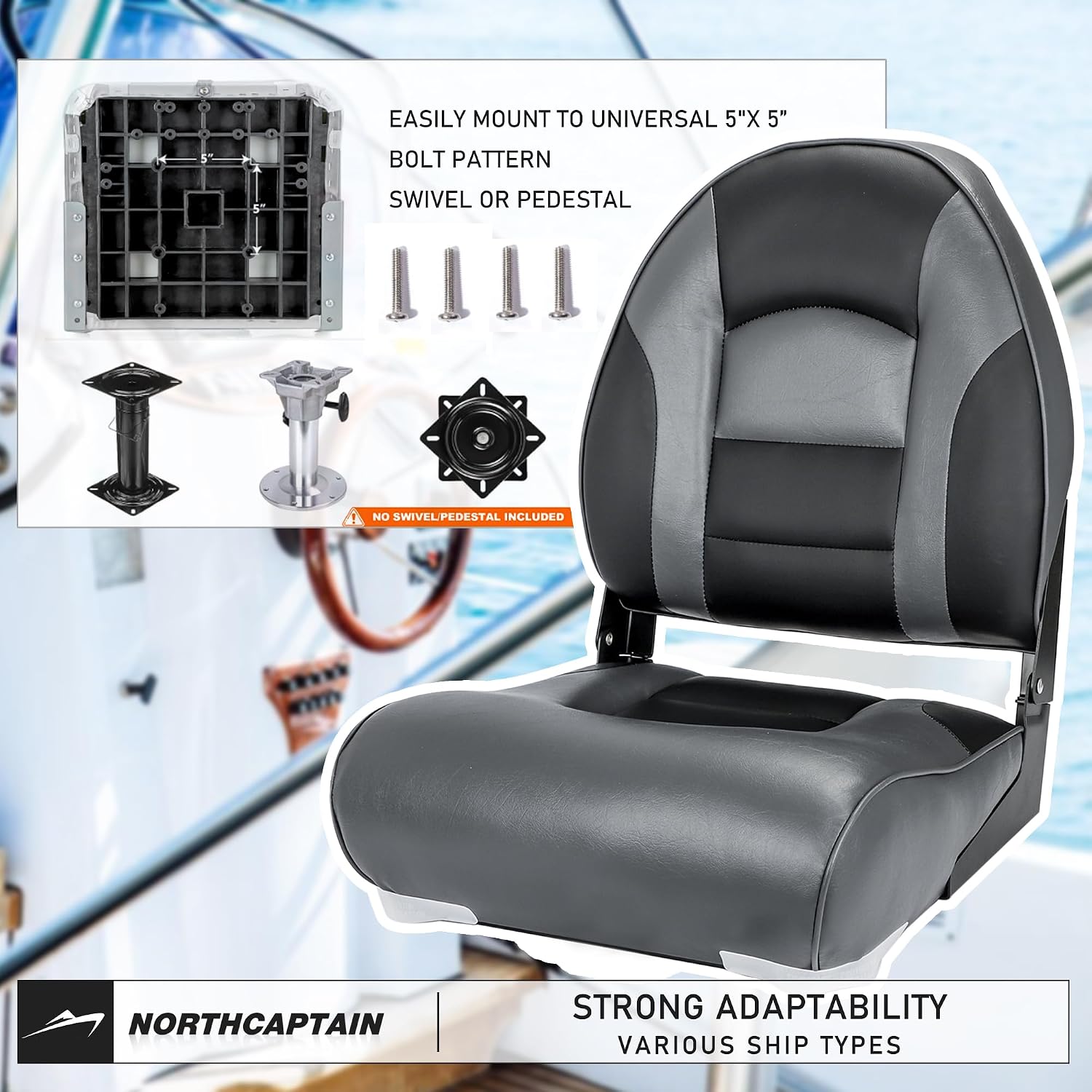 NORTHCAPTAIN Deluxe A Pair of Marine High Back Folding Boat Chair Fishing Boat Seat,for Fishing, Bass/Jon/Pontoon Boat Chairs, 4 Mounting Screws Included - Image 5