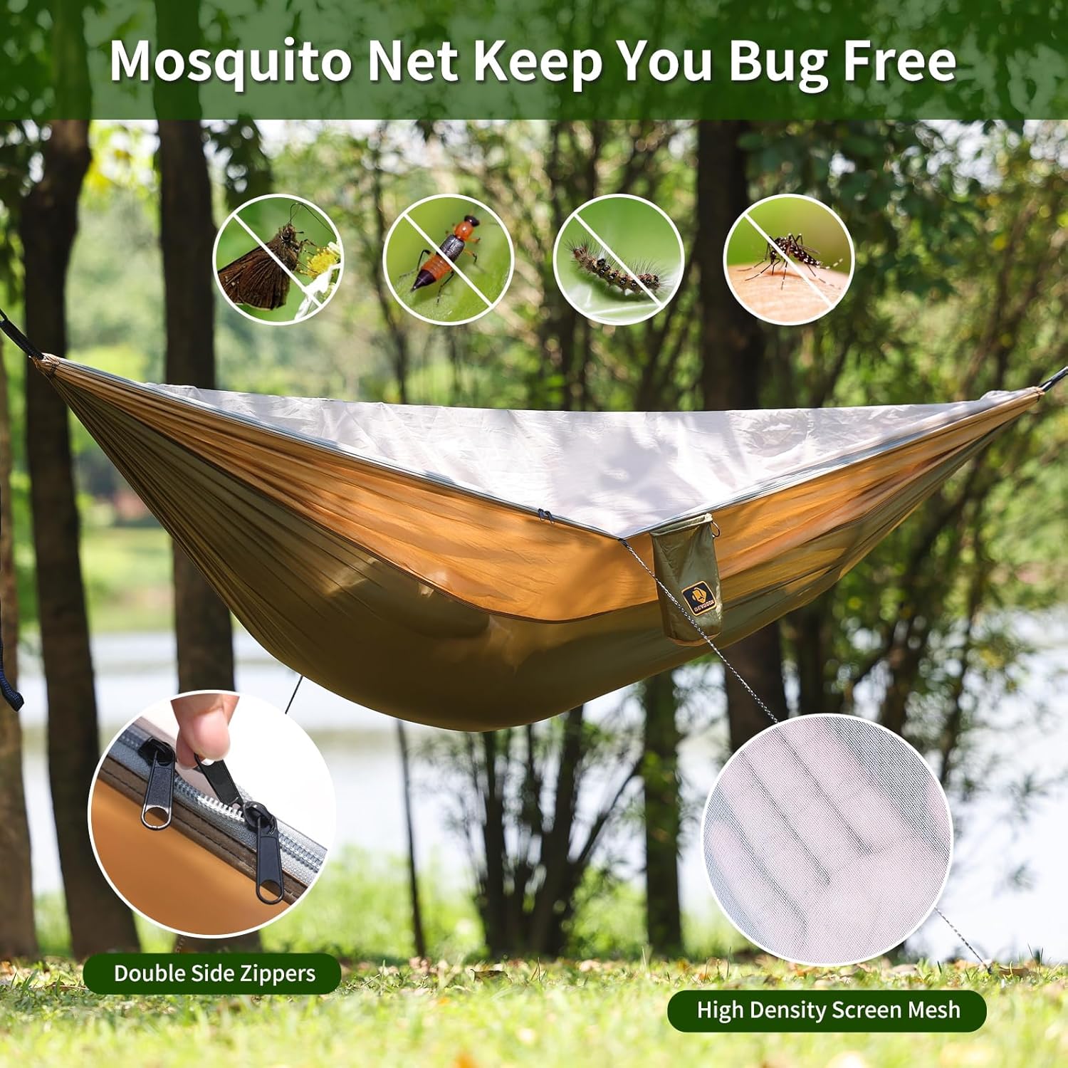 Camping Hammock, Portable Hammocks with Mosquito Net,Lightweight Nylon Parachute Hammock with 10ft Tree Straps,Camping Gear Must Haves for Travel Hiking Backpacking Beach Patio-Green&Khaki - Image 3