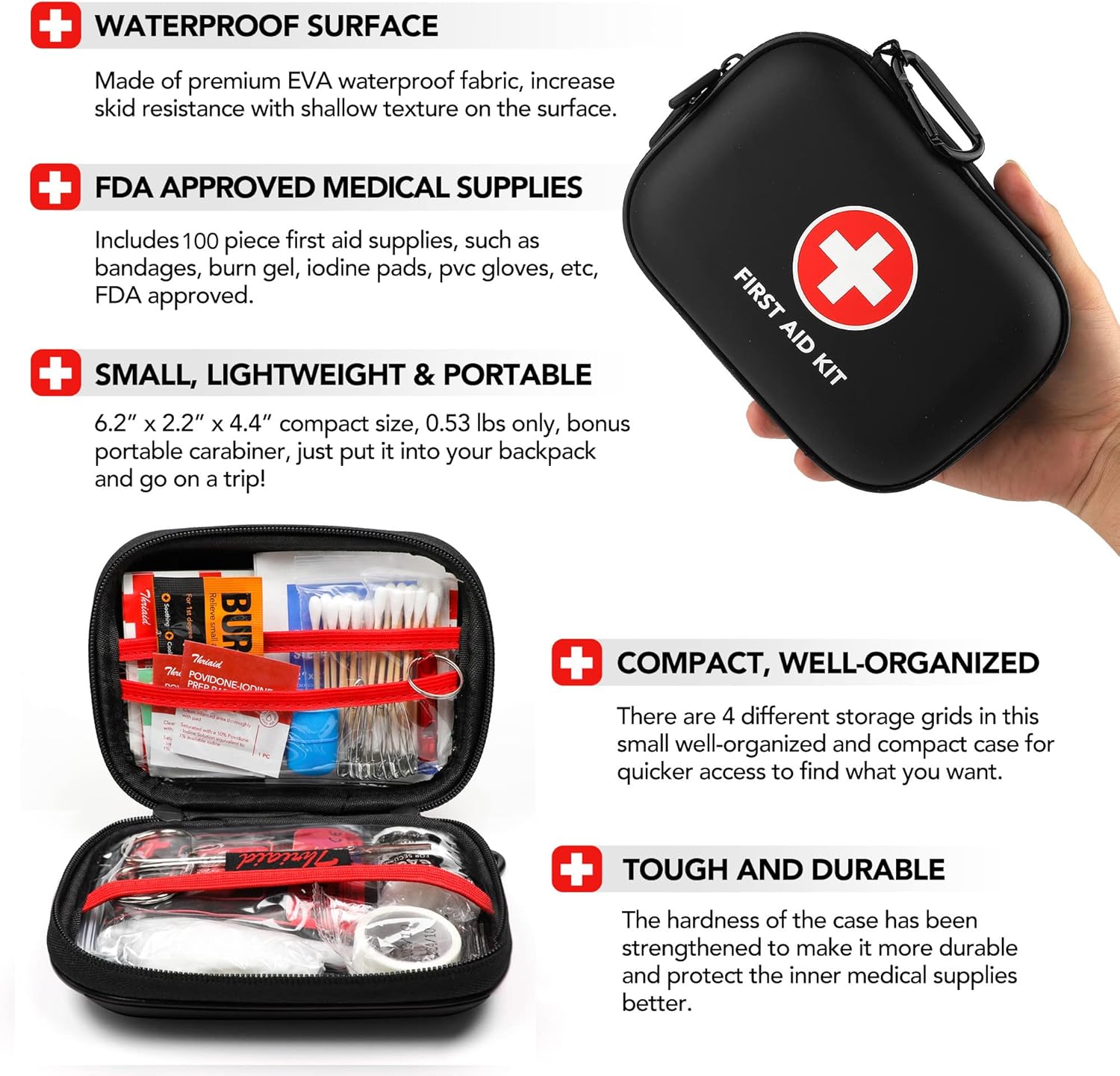 Mini First Aid Kit, 100 Pieces Water-Resistant Hard Shell Small Case - Perfect for Travel, Outdoor, Home, Office, Camping, Hiking, Car (Black) - Image 5
