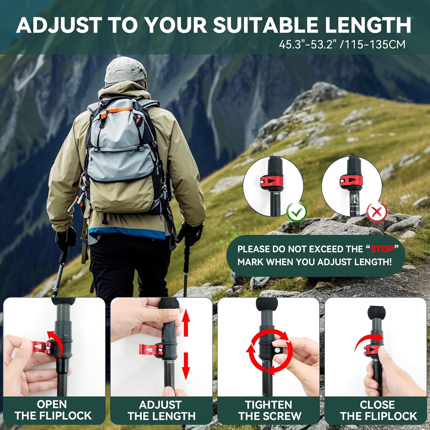 Carbon Fiber Trekking Poles - Lightweight Collapsible Hiking Poles, 2 PCS Nordic Hiking Sticks for Travel, Backpacking Walking Sticks for Men, Women, Seniors with Cork Grip & Quick-Lock System - Image 5