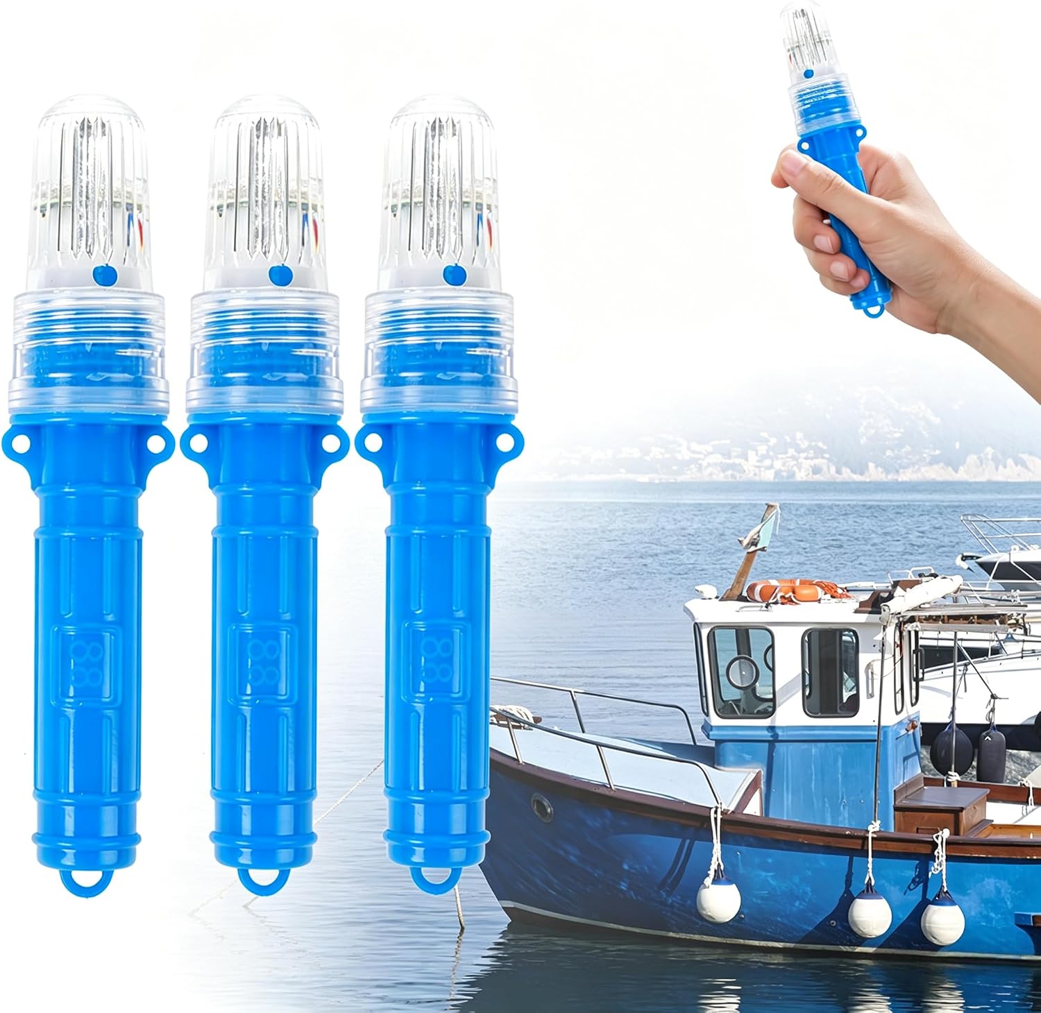 3 PCS Boat Flares, Marine Flares LED Light Waterproof Emergency Signals for Fishing Nets Buoys Boats, Electronic Marine Signal Lights for Night Boating Life Rafts Offshore (1, Blue)