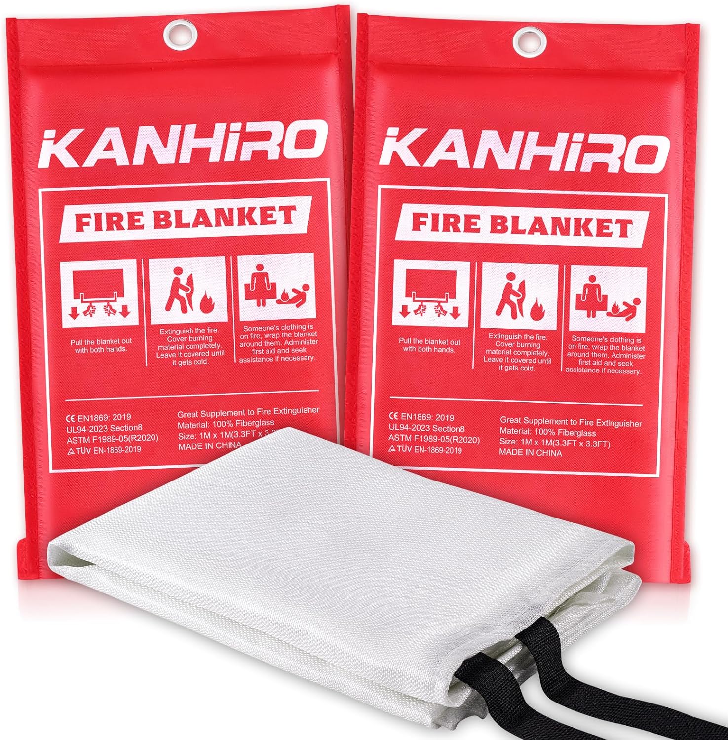 KANHIRO Fire Blanket Emergency for Home Kitchen - Fiberglass Fire Suppression Blanket Great for School, Fireplace, Grill, Car, Office, Warehouse (2 Pack, 39 in X 39 in)