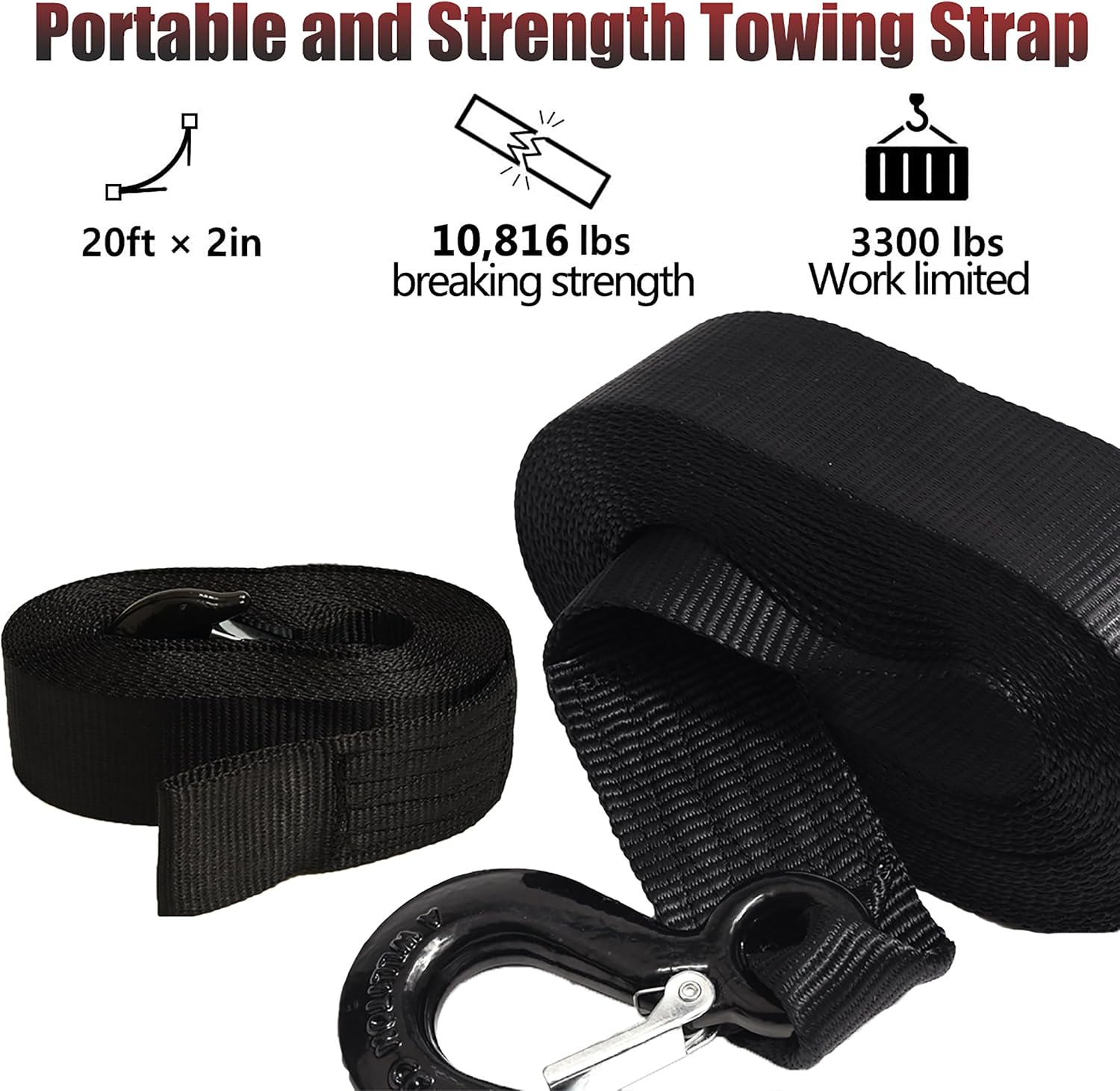 Heavy Duty Boat Trailer Winch Strap with Hook - 2" x 20' - 10,816lbs Breaking Strength, Hand Crank, Automotive Towing - Image 2