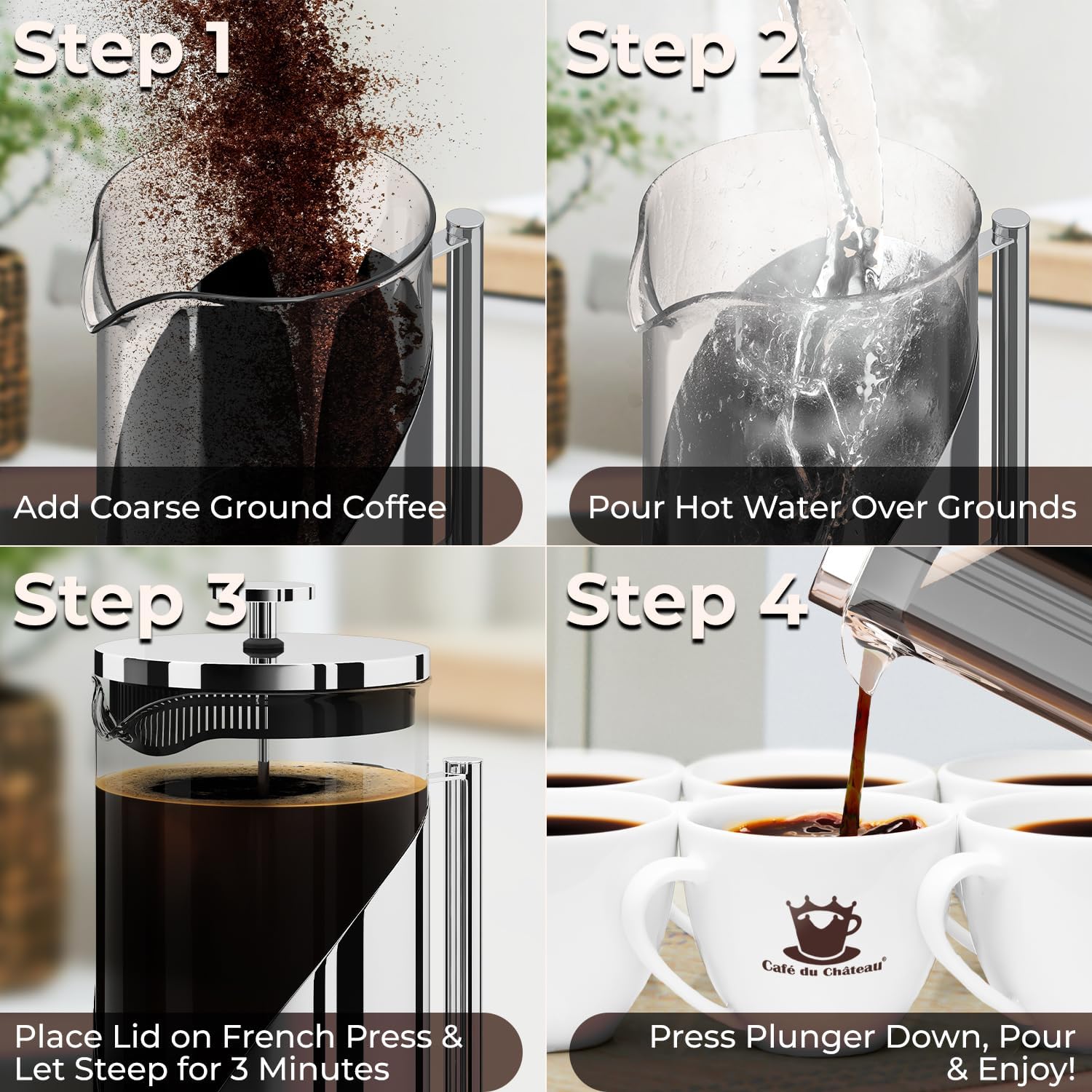 Cafe Du Chateau Stainless Steel French Press Coffee Maker 34 oz - Easy to Use Insulated Coffee Press with 4-Level Filtration, Manual Brewer for Tea, Camping & Travel with BPA Free, Durable Clear Glass - Image 5